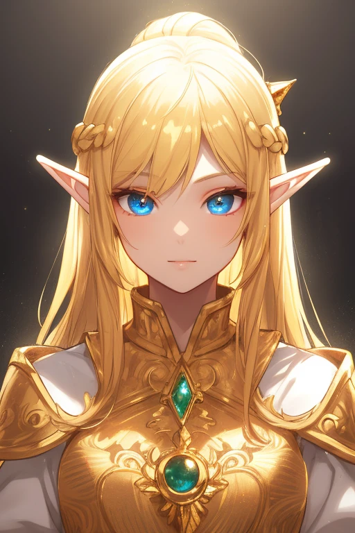 golden elf, golden hair, golden clothes, elf race, detailed eyes, detailed face, royal costume, with a glow of light around him, (best quality, masterwork: 1.2), vivid colors, luminous lighting, tone shiny gold.