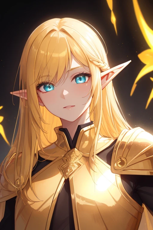 golden elf, golden hair, golden clothes, elf race, detailed eyes, detailed face, royal costume, with a glow of light around him, (best quality, masterwork: 1.2), vivid colors, luminous lighting, tone shiny gold.