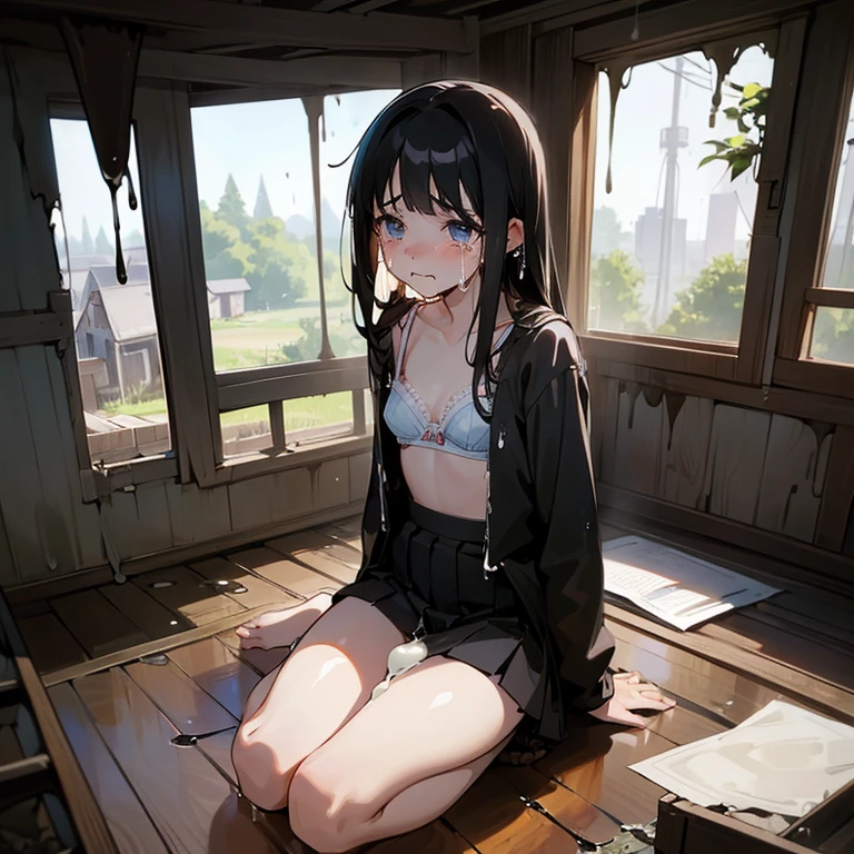 girl sitting with legs spread on the floor with sad expression、Pretty Face、A dark-haired、Pubic hair grows、 ((Crying))、Undersized udder、Look at the sky with empty eyes、((white mucus dripping from genitIn a dark abandoned house、Black miniskirt、bra very