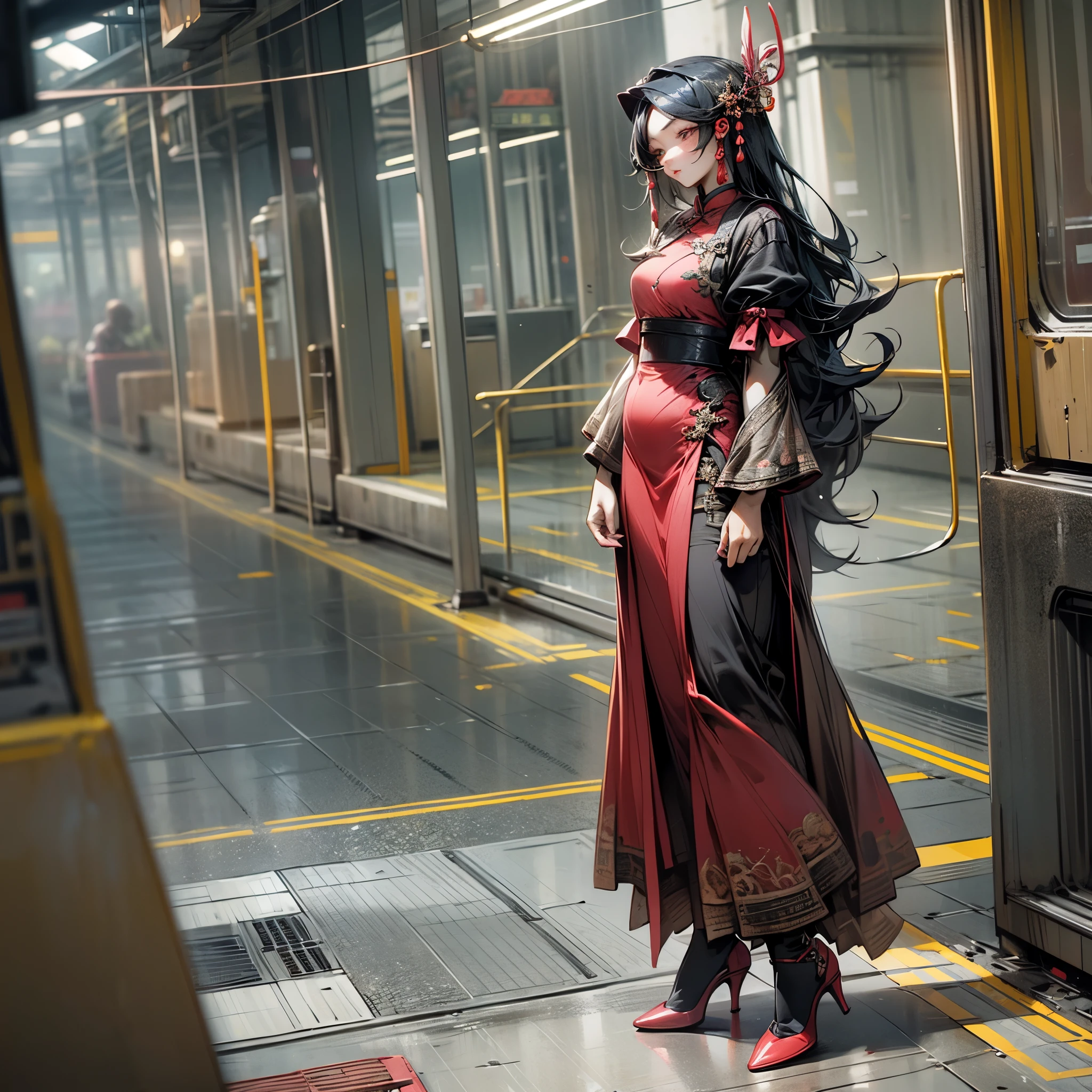 A Chinese woman, wearing a red dress, long hair, high heels, high definition, large picture --auto --s2