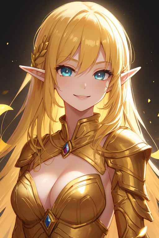 golden elf, golden hair, golden clothes, elf race, detailed eyes, detailed face, royal costume, with a power of light, smiling, (best quality, masterwork: 1.2), vivid colors, luminous lighting, bright golden tone .