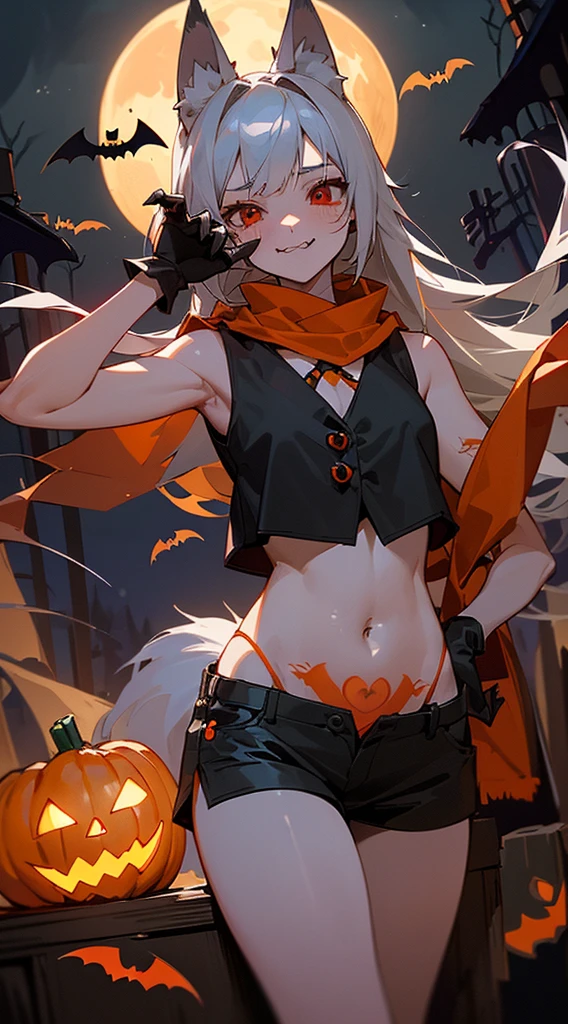 quality、image quality、masterpiece、Teenage girl((18 years old,black and orange vest,Orange and black shorts、orange scarf,best bust、Bust 85、silber hair、Long hairs,red eyes、Open your mind、valleylissful、A slender one、Blood smeared、Focus is on the、Wolf tattoos、Wolf ears、Wolf tail、excited expression、wolf gloves、Nails are growing、Soft belly、Cute wolf,Listless、Claw type、The white fangs in the mouth are dripping))高quality、beautiful art、Background with((natta、Gloomy sky、halloween at night、the bats、pumpkins,nightmare、halloween、in woods))、On the table、carefully designed、visual art、theater screen、