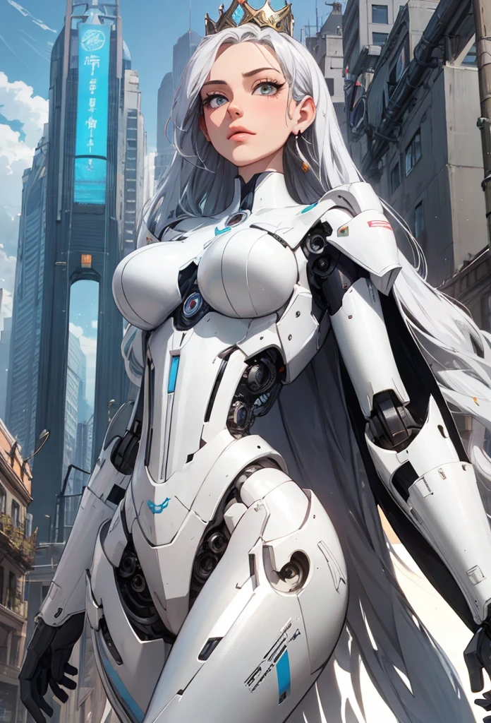 (Detailed illustrations,Very detailed and detailed drawing,Delicate lines with slow and rapid,Realistic texture expression),[Color tressed main line],[Modern city skyscrapers background],(ANIME)(A pure white GIANTROBOT Girl towering over the building area(SKINNY[SLENDER])),[AUTOMATON](A painstaking face like a sculpture[METALFACE[青白く発光するJewel-like eyes]])[(MACHINEKNIGHT)[Titanium internal skeleton](Delicate thin fingers)]],((Elegant exterior with many curved surfaces[smooth body surface])(large crown [[large raised shoulder pad]])(Ruffle Petticoat)),[TITANWEAPON[It is called the princess lily of white porcelain]Mecha Body[Metal skin][Cable running down the body surface[gear wheel]]],[Platinum coating],[科幻小说(Electromechanical)[Steampunk]],([beautiful and artistic decoration][Dense detail [White lily pattern]])[Transparency],(detaileds,high-detail),(Precisely drawn face[(Perfect and beautiful face)[Jewel-like eyes]]),[long and beautiful eyelashes],[Meticulously drawn hair [美しく艷やかな髪のdetaileds]],(完璧な手のdetaileds [Beautiful fingers without breakdowns [Beautiful nails]]),(Perfect Anatomy(Perfectly proportioned)),[Ideal color coordination(Accurate simulation of light-material interactions)],([Precision Detail](detaileds,high-detail)),(Huge feeling[Total length 40 meters])[[Full body like]][Visual art that conveys a sense of narrative].