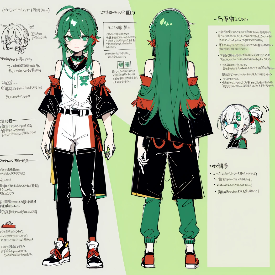 2 d anime style, anime art style моэ, Jazz & Increased, cute art style, Иллюстрация in anime style, anime girl, Author: Kamagurka, at pixiv, pixiv style, pixiv, in anime style, anime art style, Full Body Commission, neon colors, neon green, The same character, absurdress,traditional Chinese clothing,Full of Details, ((Character design sheet,same character,front,side,backboollustartion, big weapon, Cyborg, baggy clothes, 1girl in, ((Character information)、(Chara Leaf)、Type sheet, Character Sheets, Three types,Shot Full Body,Game Character Design,Colorful, Bright, hairlong, shoulder-length hair, baseball uniform