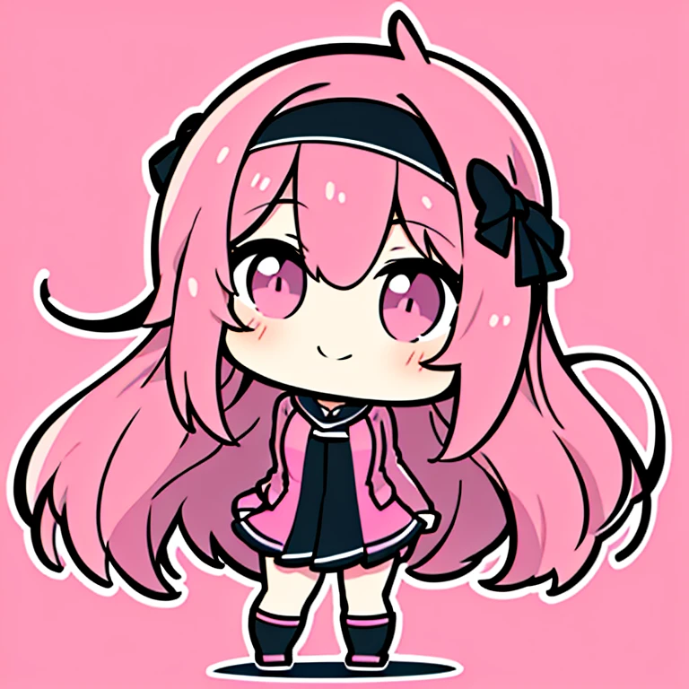 best quality, 1 girl, solo, chibi, full body, standing, pink background