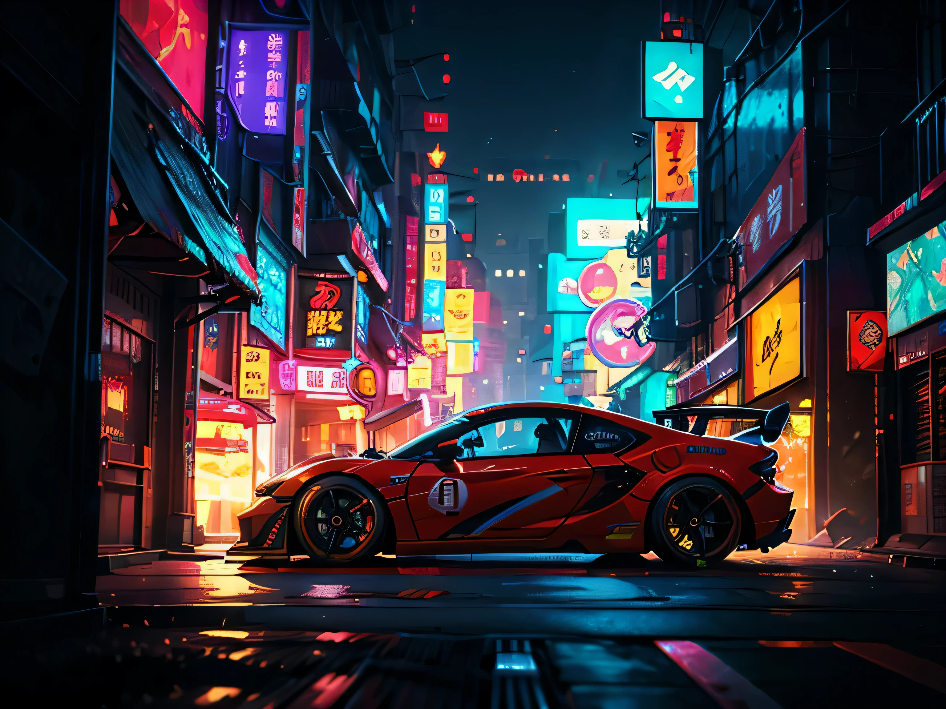 Best quality, masterpiece, ultra high res, Capture the -fueled excitement of a sleek, high-performance racing car dripping, red, blue, fires, neon light, dust, full car show, from side, cyberpunk racing car, tokyo cyberpunk night,Detailed,Realistic,4k highly detailed digital art,octane render, bioluminescent, BREAK 8K resolution concept art, realism,by Mappa studios,masterpiece,best quality,official art,illustration,ligne claire,(cool_color),perfect composition,absurdres, fantasy,focused,rule of thirds,