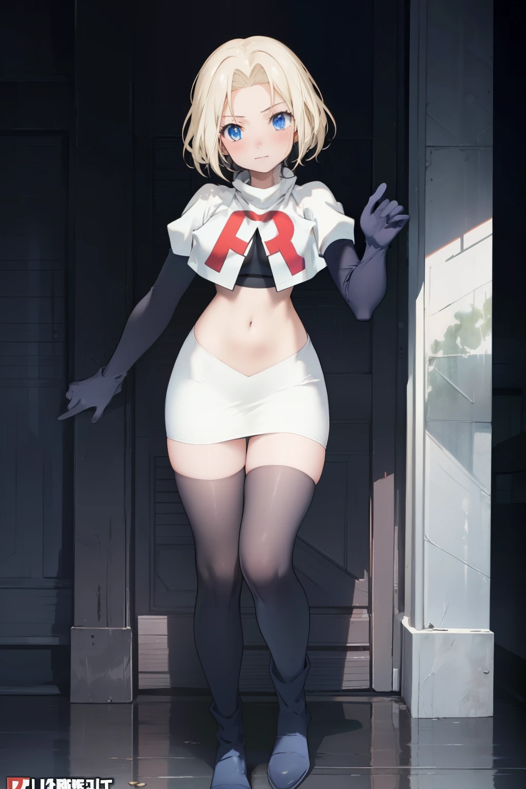 anime,(masterpiece, top quality, best quality, official art, beautiful and aesthetic:1.2), (1girl), full body,extreme detailed,highest detailed, team rocket,team rocket uniform,white skirt,red letter R,crop top,black thigh-highs,black elbow gloves,
