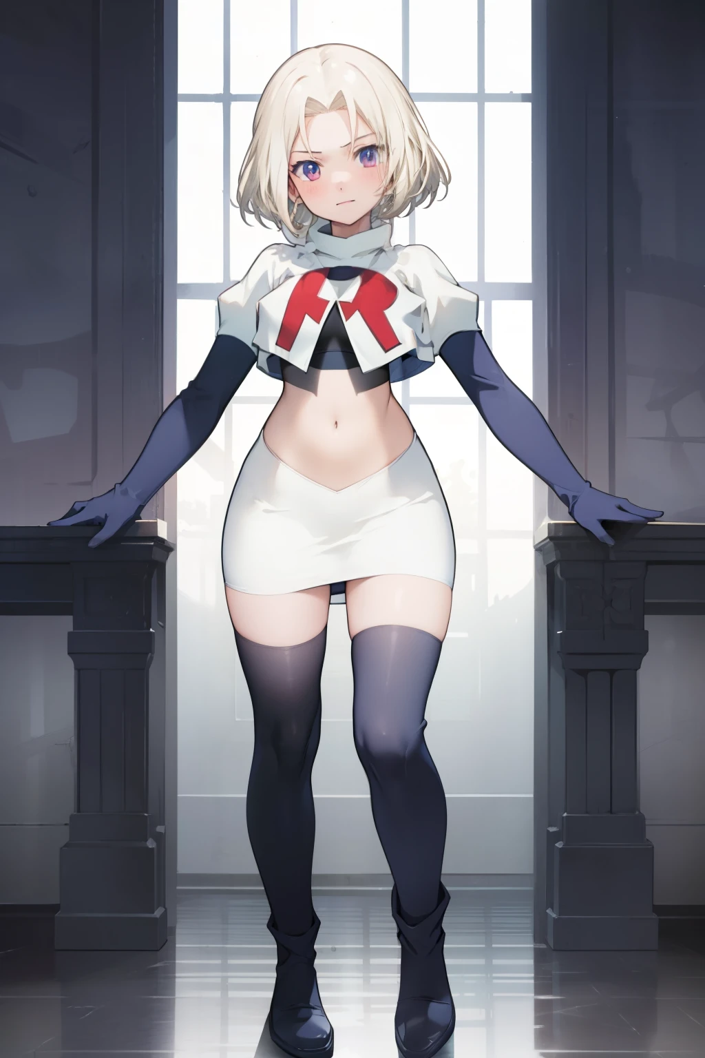 anime,(masterpiece, top quality, best quality, official art, beautiful and aesthetic:1.2), (1girl), full body,extreme detailed,highest detailed, team rocket,team rocket uniform,white skirt,red letter R,crop top,black thigh-highs,black elbow gloves,