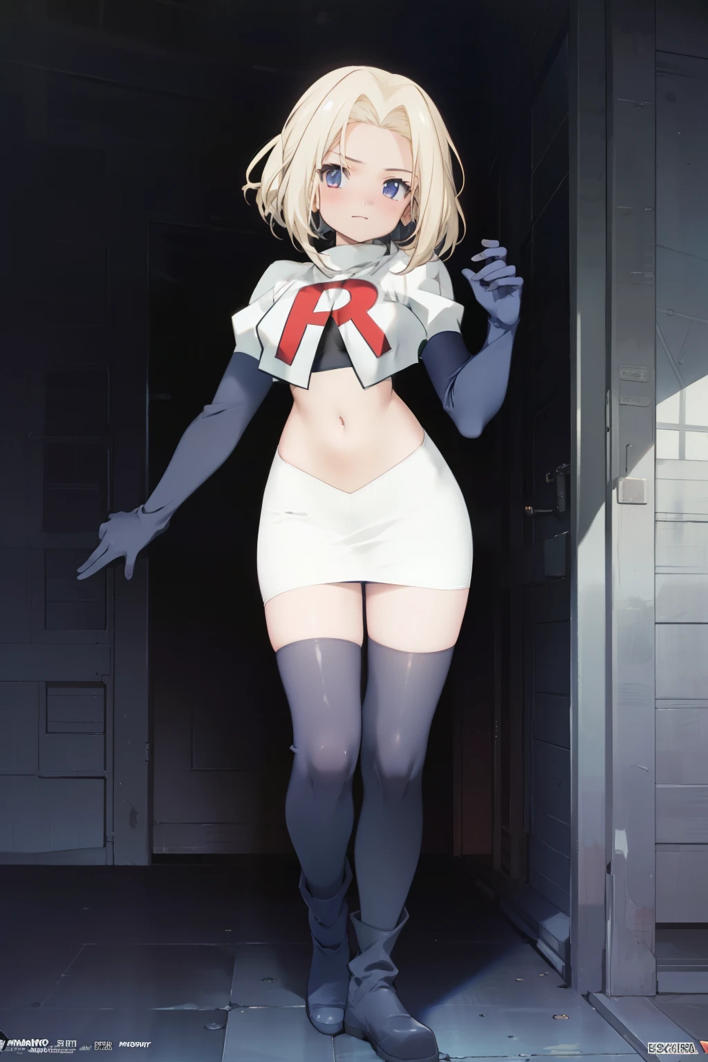 anime,(masterpiece, top quality, best quality, official art, beautiful and aesthetic:1.2), (1girl), full body,extreme detailed,highest detailed, team rocket,team rocket uniform,white skirt,red letter R,crop top,black thigh-highs,black elbow gloves,