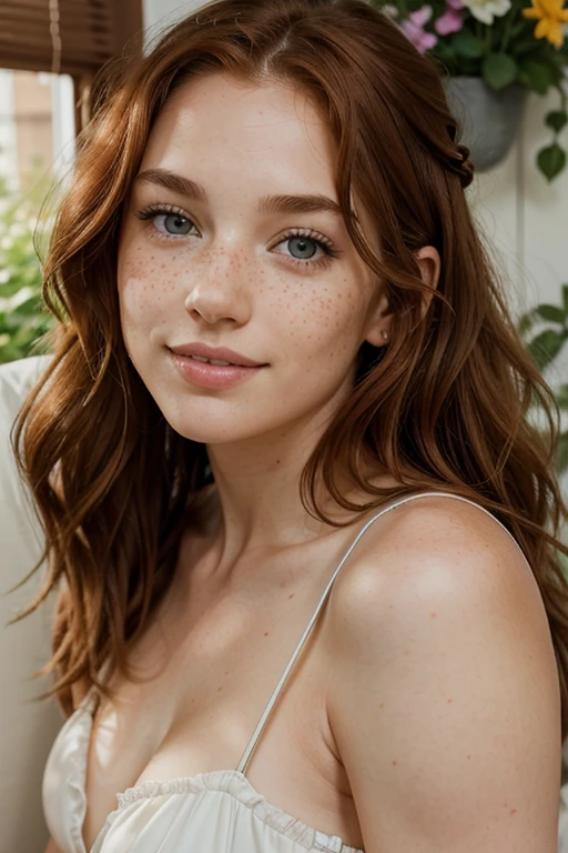 Woman, American, 25 years old, fair skin with freckles, green-gray eyes, delicate nose, soft and delicate lips, long wavy ginger-hair, sweet smile, full body portrait in a living room garden view