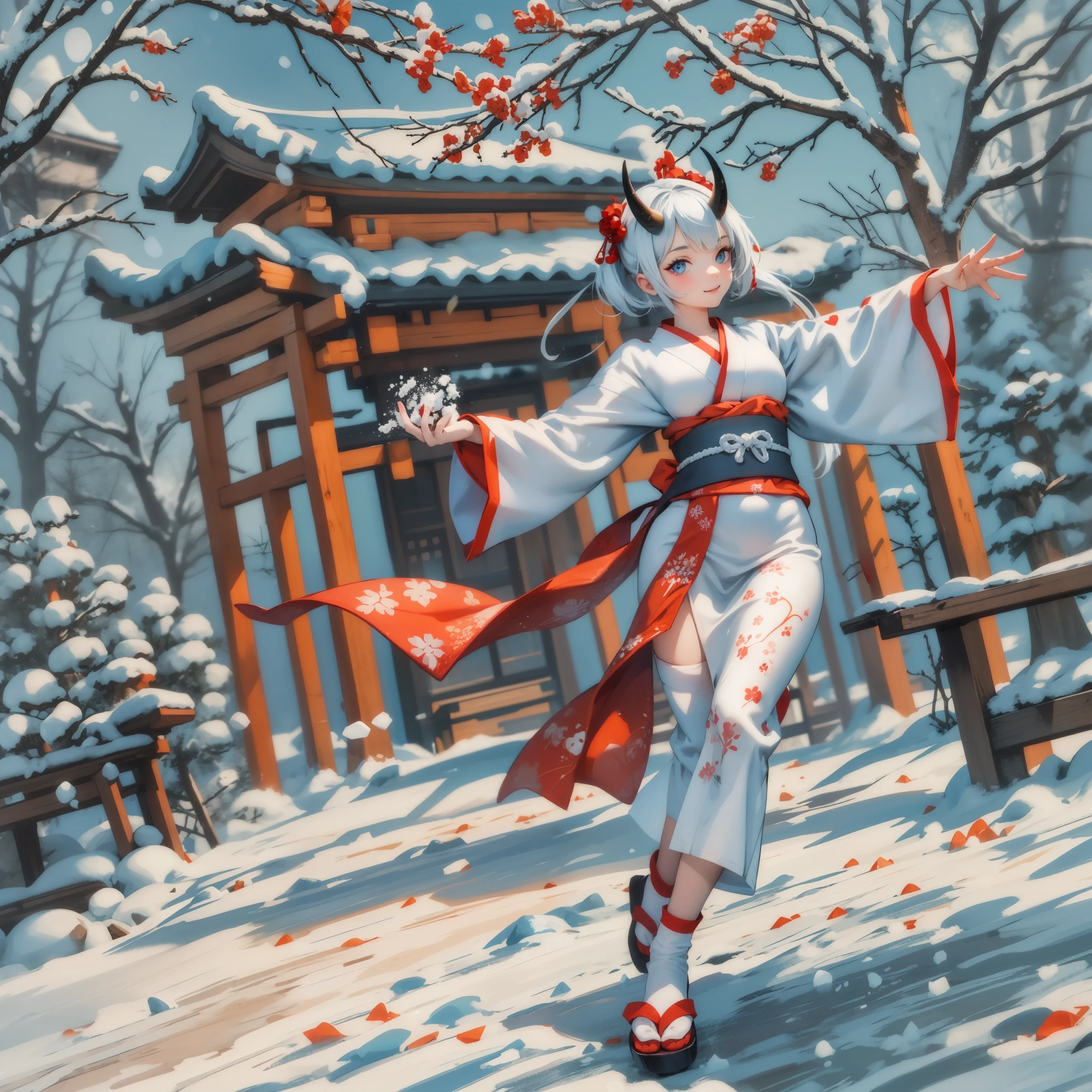 (masterpiece, best quality:1.2), (1girl, solo), 18years old, full body, white kimono, white short hair, red and black ONI horns, light blue eyes, (smile:1.1), (face focus, sharp focus), (dancing, spread both arms, cross legs), (holding snowball, bear's head made from snowball and pebbles on the hand), (snowfield, falling snow), Oriental old style temple back ground