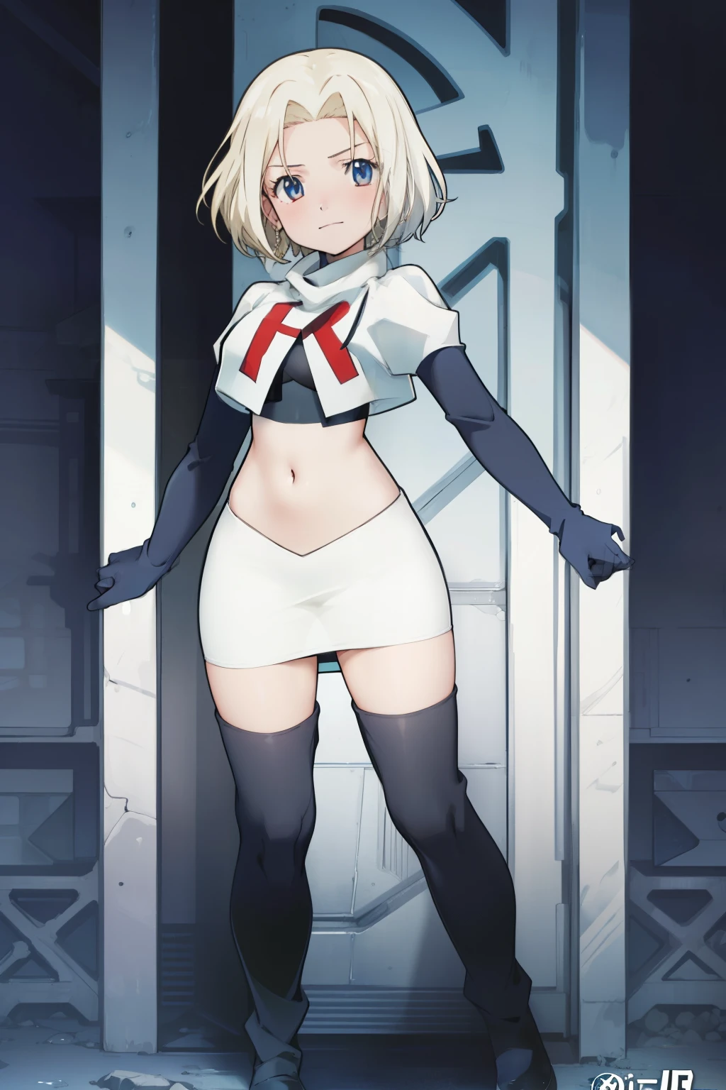 anime,(masterpiece, top quality, best quality, official art, beautiful and aesthetic:1.2), (1girl), full body,extreme detailed,highest detailed, team rocket,team rocket uniform,white skirt,red letter R,crop top,black thigh-highs,black elbow gloves,