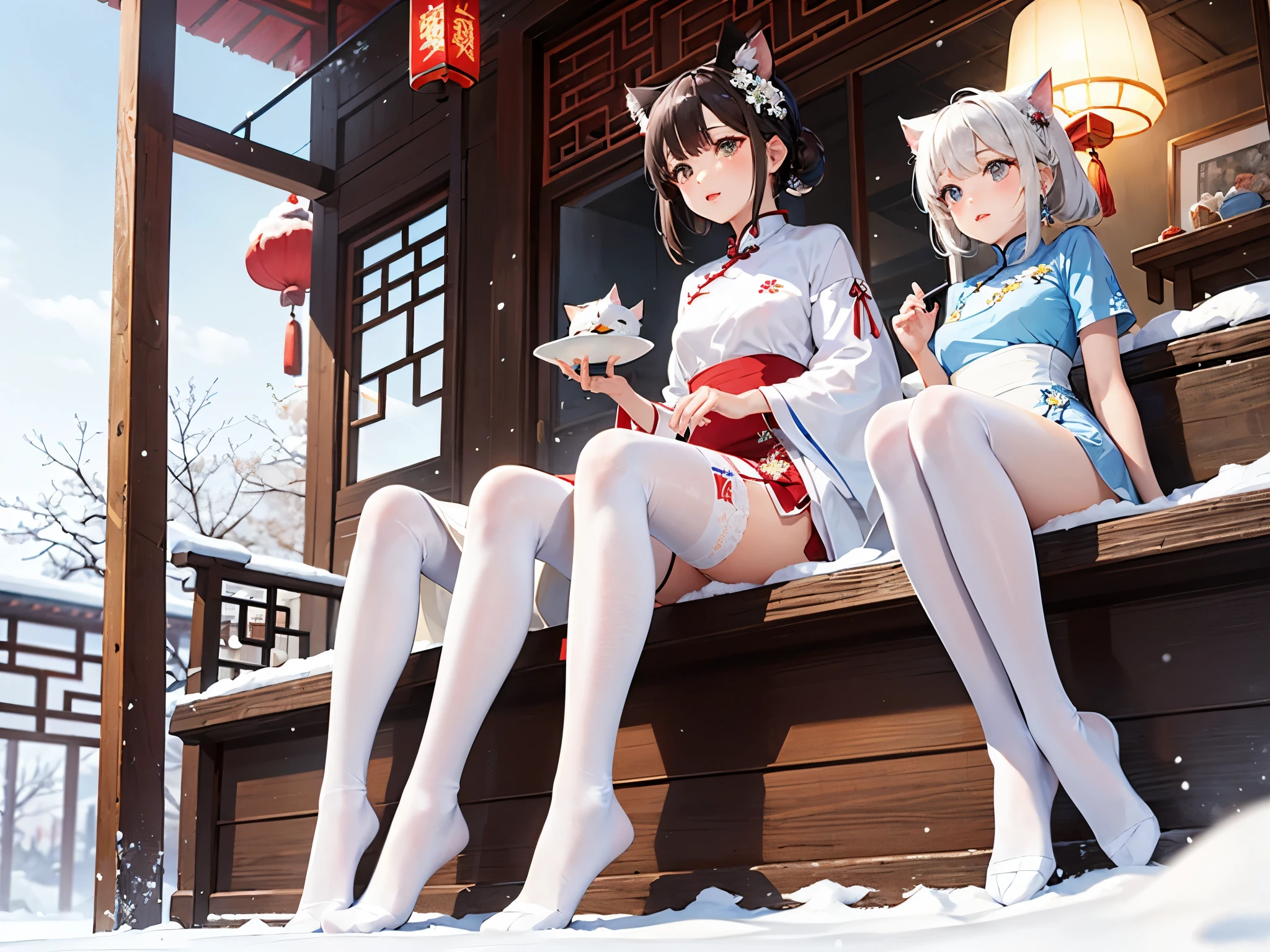 The world of and snow, white flowers, white cat-eared girl, lively and cute white stockings〈White in red〉White gauze stars are shining brightly, sitting softly in Chinese retro style