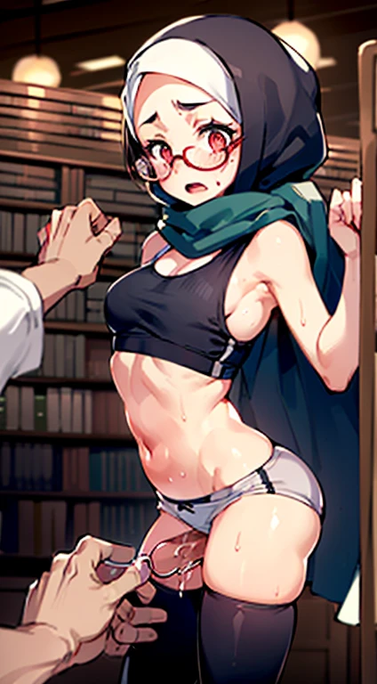 (1woman), 4+boys, multiple boys, Photo of a young malay female with small breast breasts (molestation:2.0), inside (((library))) 20yo,petite, skinny body, short body, ((((dark skin)))), dimples, light, detailed face, panic face, ((looking panic)), ((panic eyes)), (open mouth), (scream), ((hands up)), Perfect breasts, tiny breasts, flat breast, flat chest, natural breasts, A cup, (((hijab))), (((glasses))), (sweat), (((sports bra))), ((((breast out)))), (((cotton panties))), (groping breast by men), (groping ass by men)