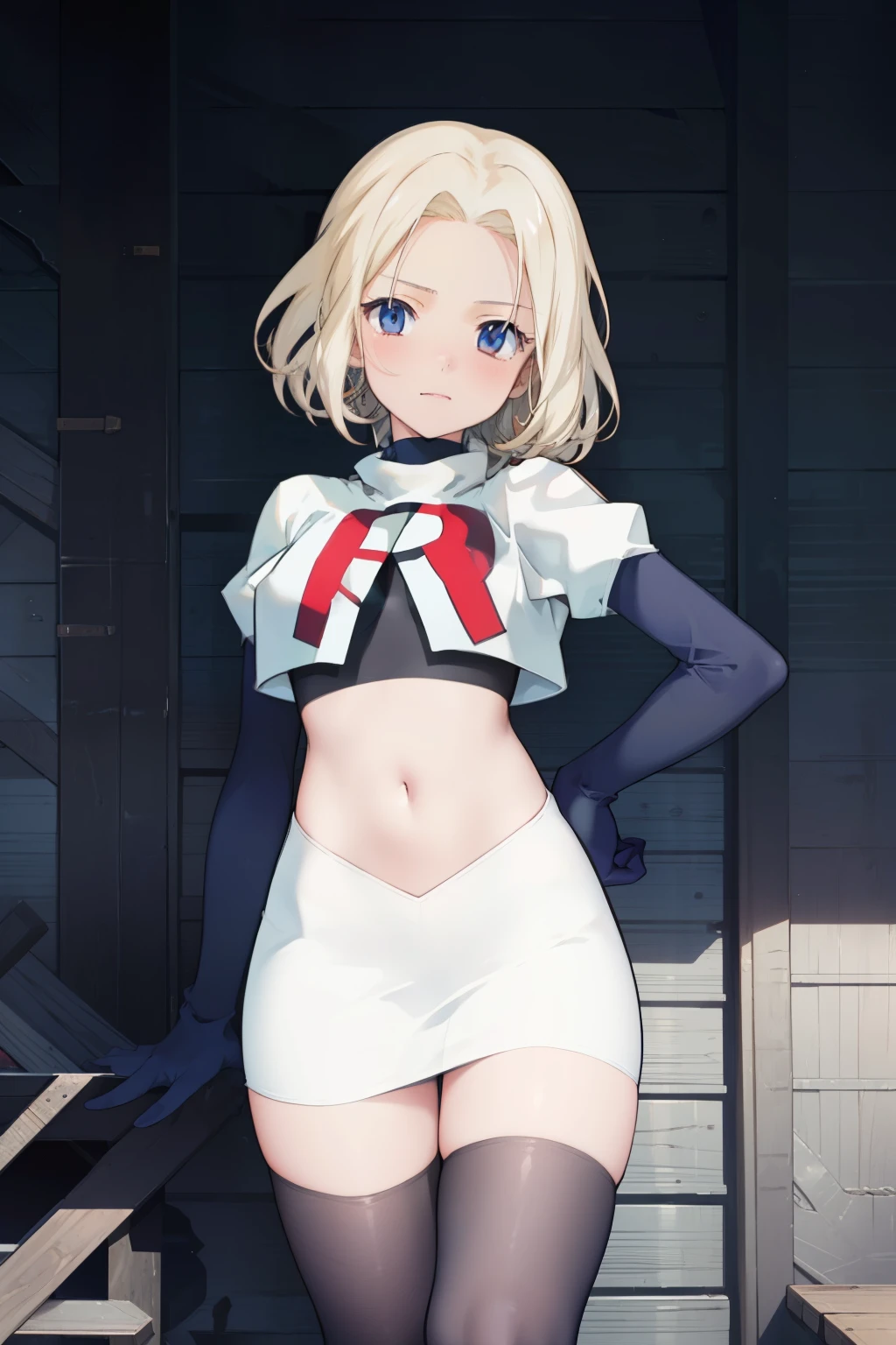anime,(masterpiece, top quality, best quality, official art, beautiful and aesthetic:1.2), (1girl),extreme detailed,highest detailed, team rocket,team rocket uniform,white skirt,red letter R,crop top,black thigh-highs,black elbow gloves,