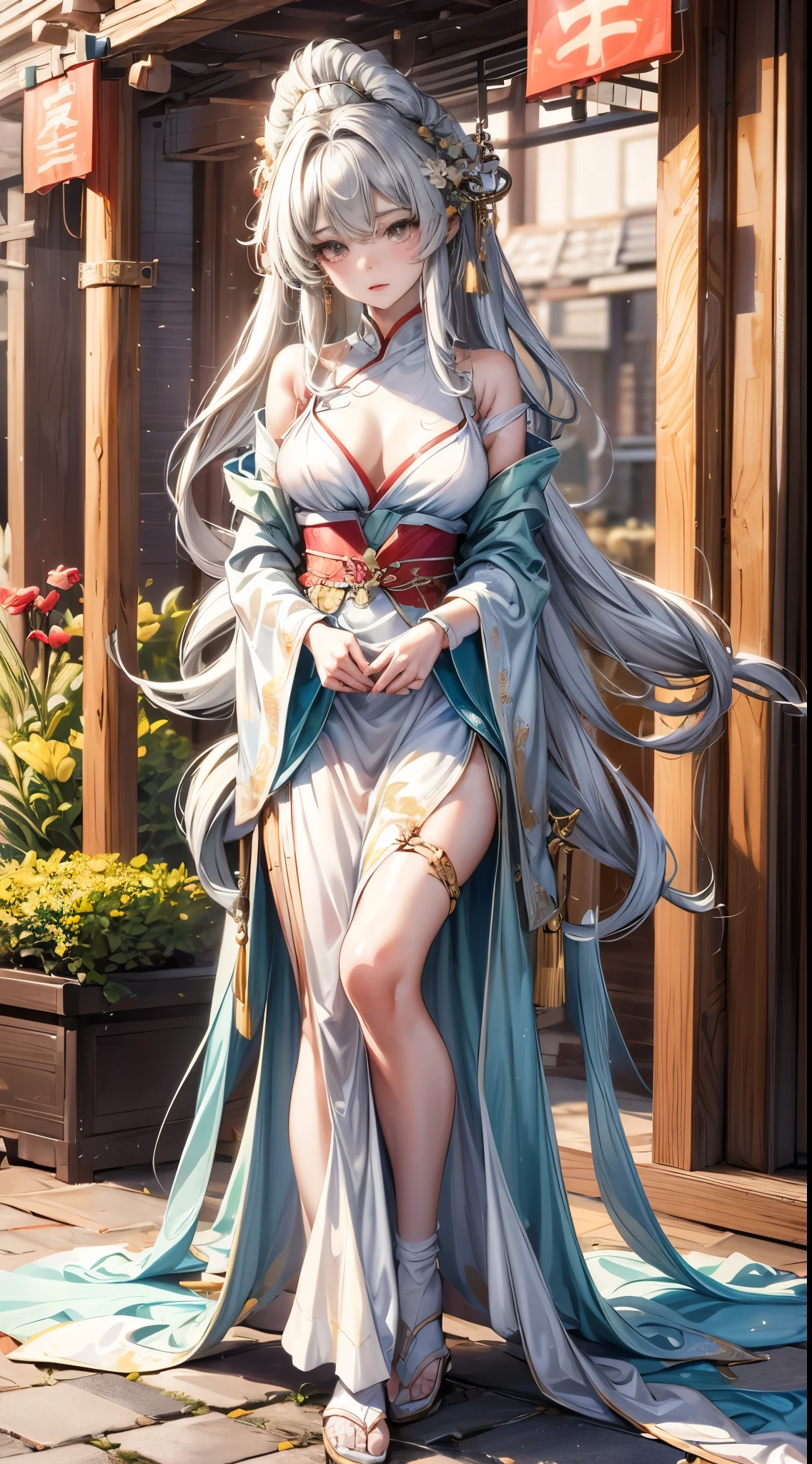 tmasterpiece,extremely detaild的 CG unified 8k wallpapers,1 girl,Full body photo, The beautiful,largeeyes, Clear facial features,actual, fuzzy, fuzzy_Background with, fuzzy_foreground, Chinese pavilions, 耳Nipple Ring,jewely, nase, actual, Alone,Gorgeous off-shoulder Hanfu,