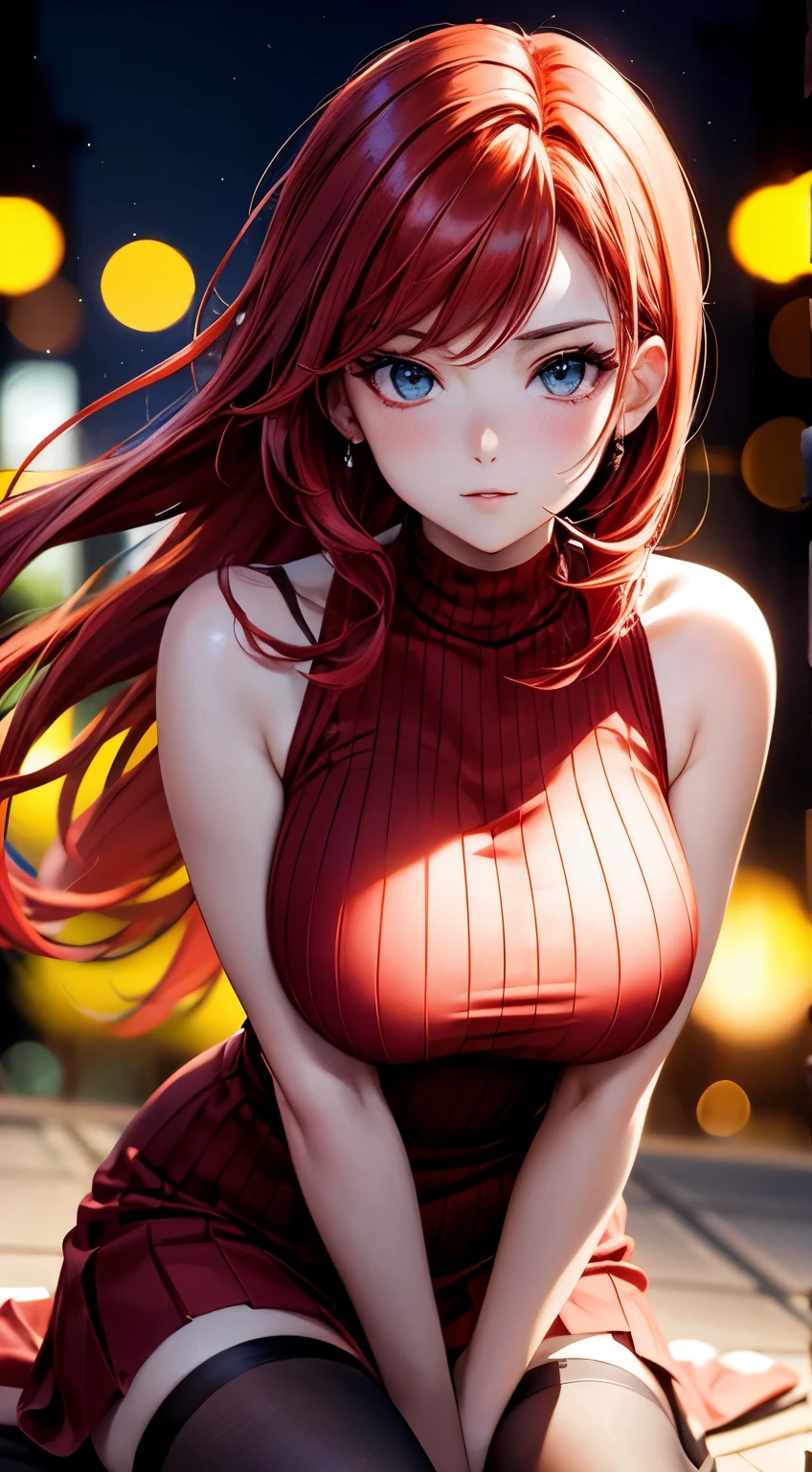 Red hair beauty, captivating gaze, elegant pose, bokeh, stylish attire, subtle shadows, high resolution, high neck sleeveless striped dress, night, stockings