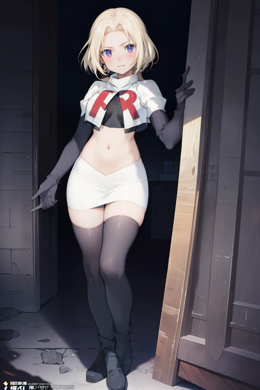 anime,(masterpiece, top quality, best quality, official art, beautiful and aesthetic:1.2), (1girl),extreme detailed,highest detailed, team rocket,team rocket uniform,white skirt,red letter R,crop top,black thigh-highs,black elbow gloves,