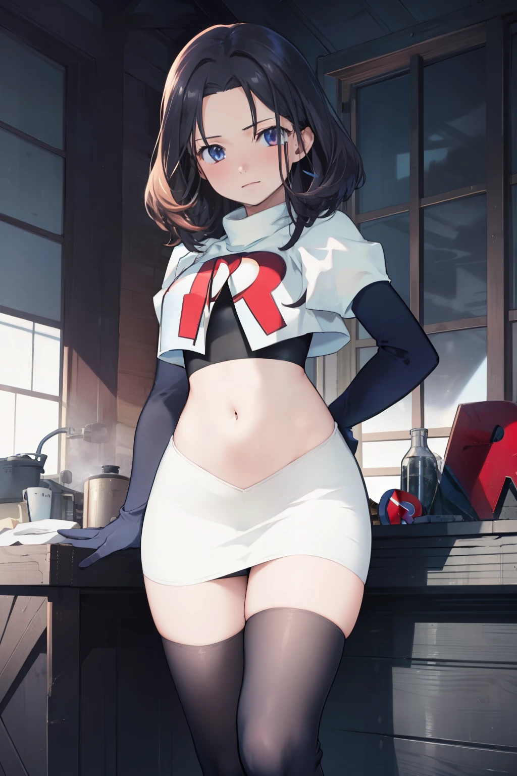 anime,(masterpiece, top quality, best quality, official art, beautiful and aesthetic:1.2), (1girl),extreme detailed,highest detailed, team rocket,team rocket uniform,white skirt,red letter R,crop top,black thigh-highs,black elbow gloves,