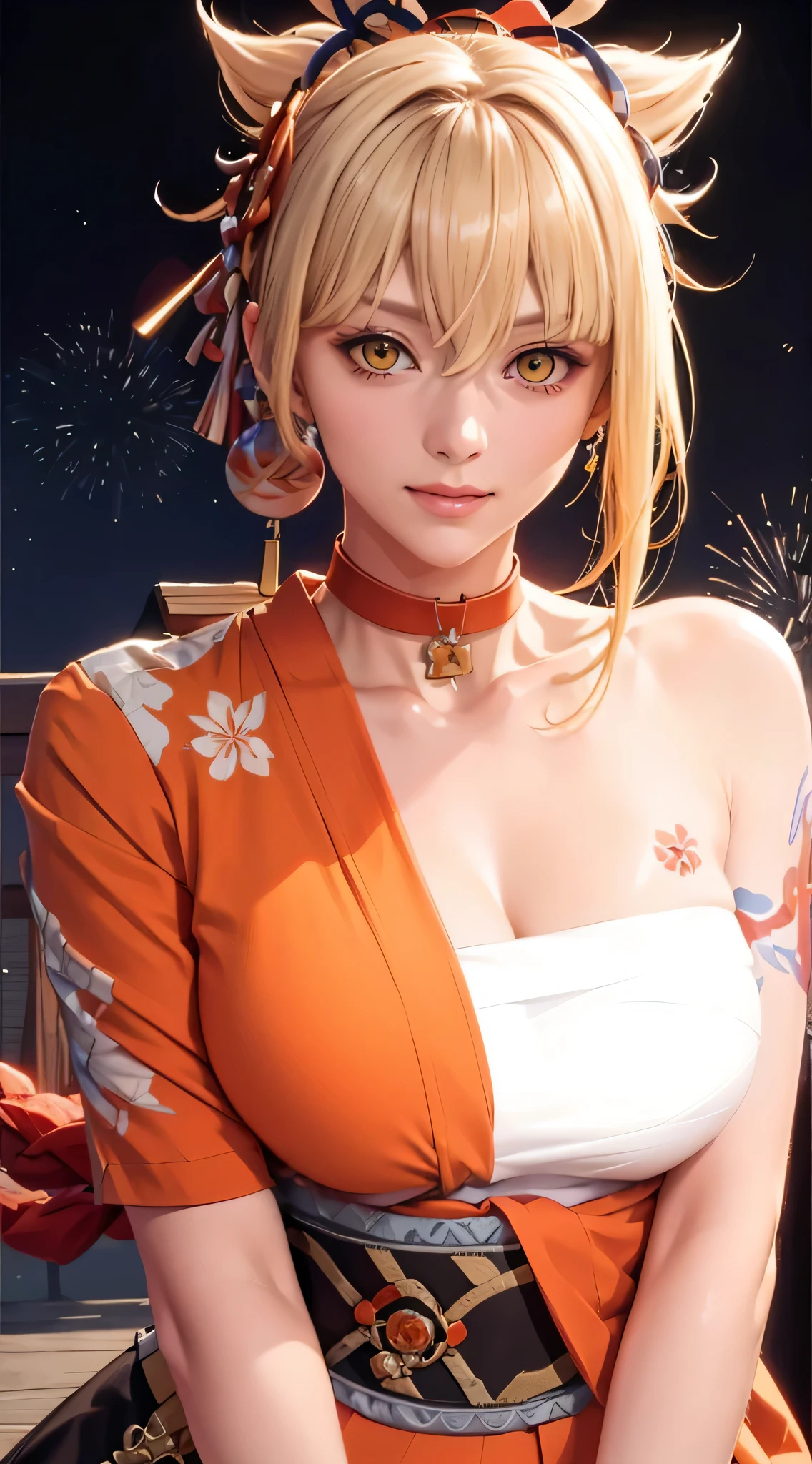 （（（Blonde hair, By bangs, hair adornments, pony tails, yellow-eyed, arm tattoos, chest tattoo, Orange eyes, Salahi, hair between eye,（（（Lagasprín，collars,，Japanese clothes，orange kimono，orange japanese clothing andged， 红色的collars, 鎖骨,））），（（（Wide hips））），S-shaped body:1.7））），((tmasterpiece)),A high resolution, ((Best quality at best))，tmasterpiece，quality，Best quality，（（（ exquisite facial features，looking at viewert,There is light in the eyes，Smilingly，Self-confident ））），（（（Light and shadow interlace，middling）））