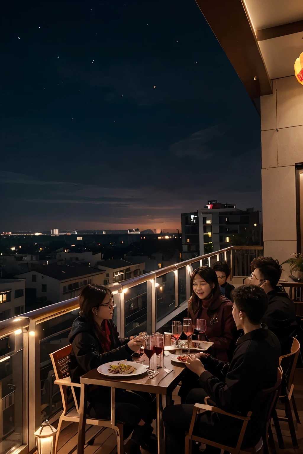 new year,Young Chinese,18yr old,There are boys and girls,6 people,balcony party,Let’s celebrate together,6 people围成一个圈,Clink,Red wine glasses,Winter clothing,cheerfulness,k hd,Life is real,Theme rendering