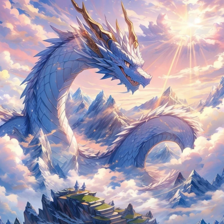 (masterpiece), best quality, (white_dragon), cute face dragon, ((one dragon)) in sky, ancient background, mountain ranges, Auspicious clouds, rays of sunshine, pink sky, Epic composition, dragon,