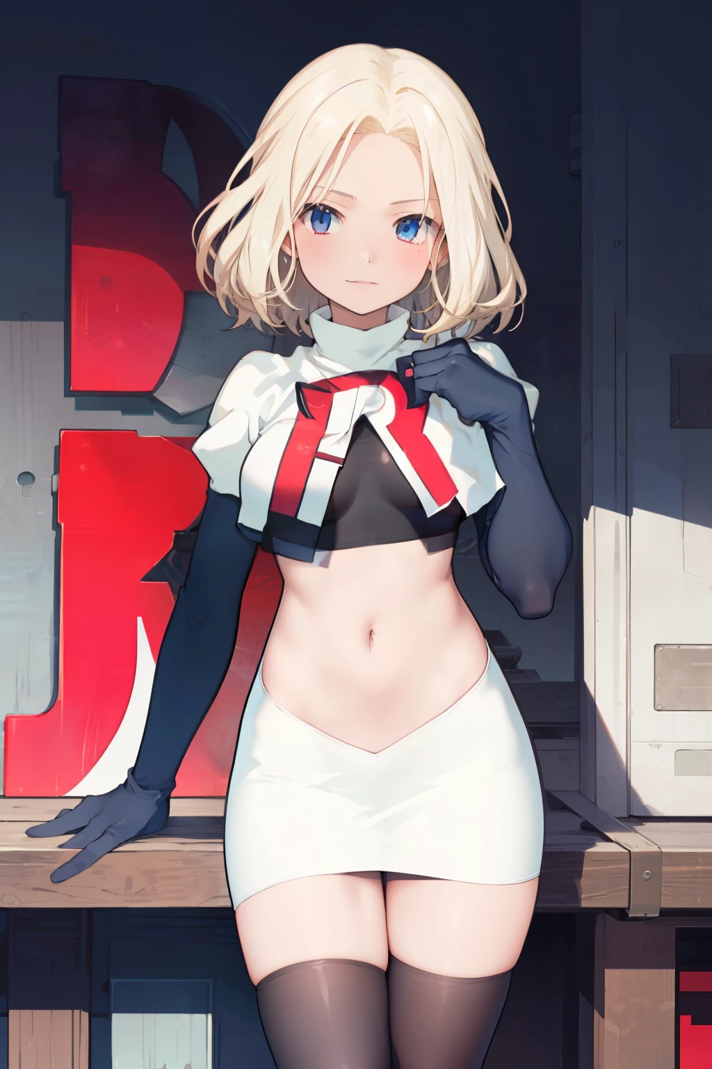 anime,(masterpiece, top quality, best quality, official art, beautiful and aesthetic:1.2), (1girl),extreme detailed,highest detailed, team rocket,team rocket uniform,white skirt,red letter R,crop top,black thigh-highs,black elbow gloves,