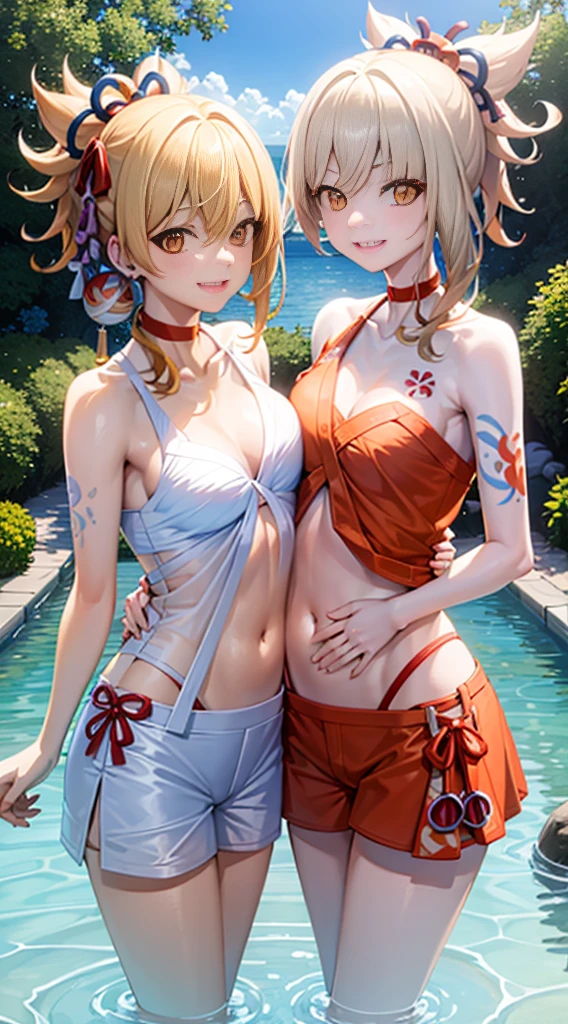 Two girls in water smiling female your belly button, Vibrant color quality natural light, Chest to chest holding each other in orange swimsuits, close to each other's clear