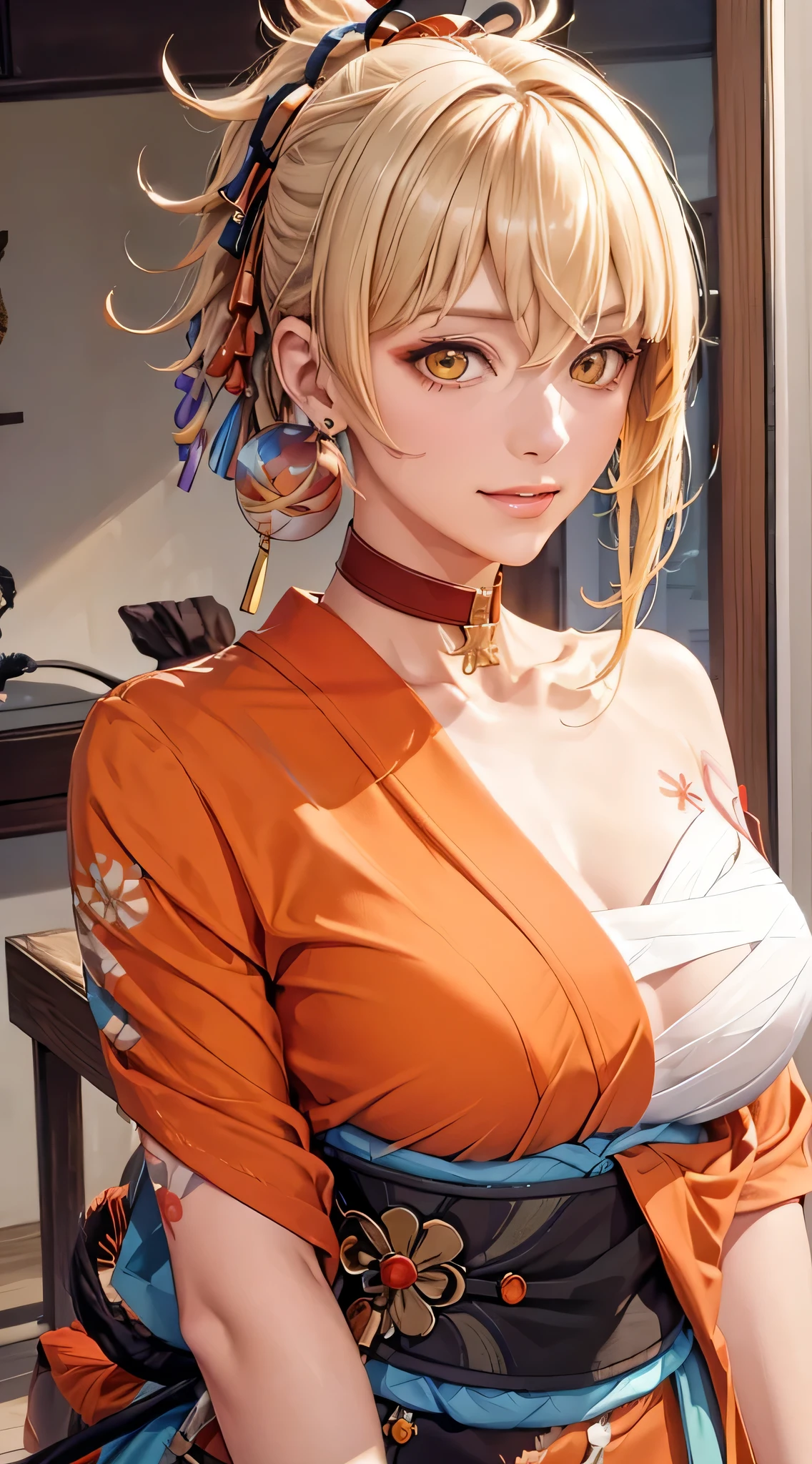 （（（Blonde hair, By bangs, hair adornments, pony tails, yellow-eyed, arm tattoos, chest tattoo, Orange eyes, Salahi, hair between eye,（（（Lagasprín，collars,，Japanese clothes，orange kimono，orange japanese clothing andged， 红色的collars, 鎖骨,））），（（（Wide hips））），S-shaped body:1.7））），((tmasterpiece)),A high resolution, ((Best quality at best))，tmasterpiece，quality，Best quality，（（（ exquisite facial features，looking at viewert,There is light in the eyes，Smilingly，Self-confident ））），（（（Light and shadow interlace，middling）））