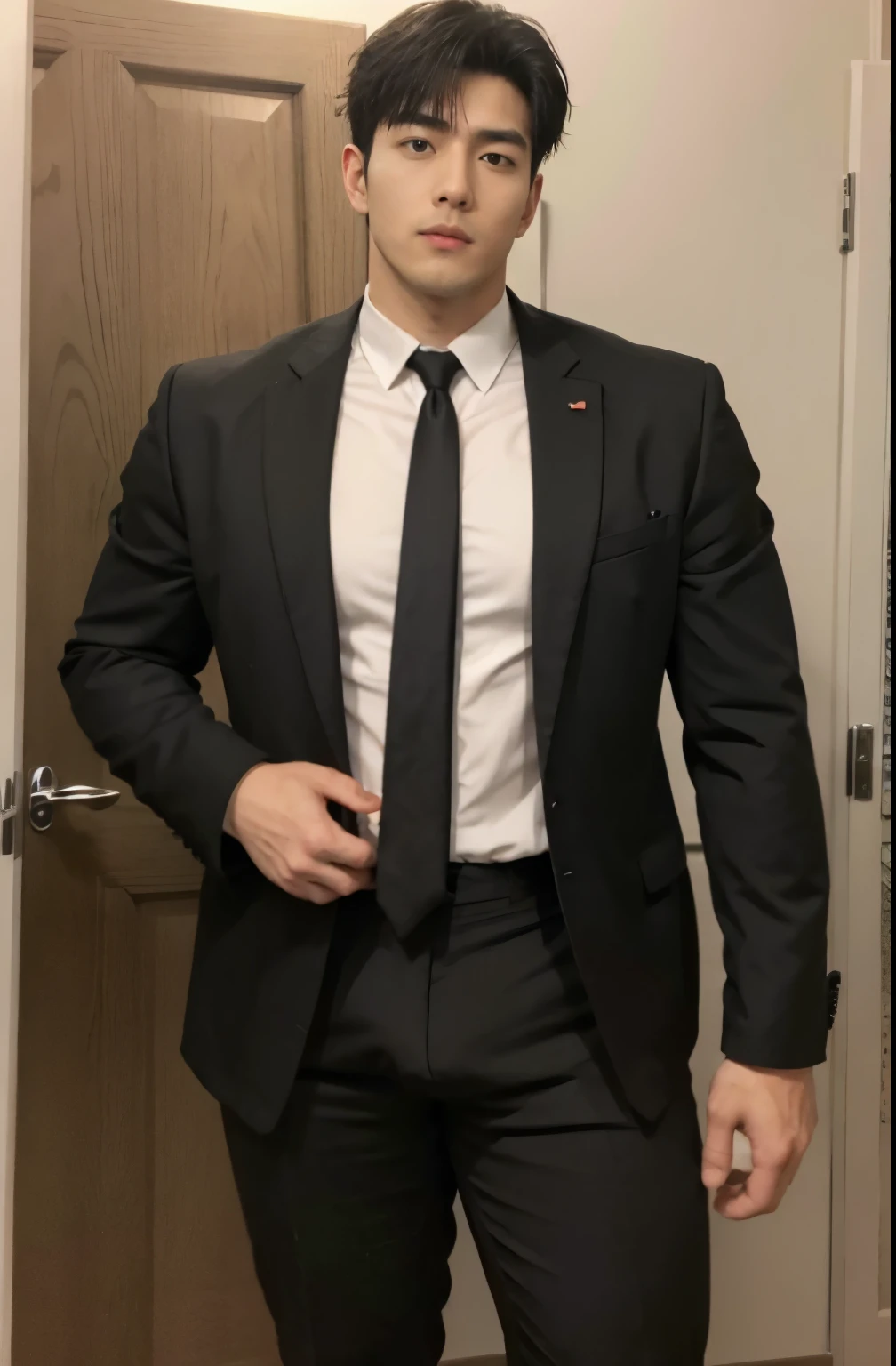 1 handsome Japanese guy,27years old,Corporate executives,Dress shirts and ties, Business attire, Professional Dress, Prepare for the meeting, Handsome and elegant, Wearing a black and gray suit, Sexy masculine, in blouse wearing, Masculine and handsome,musculous,Muscles look good,hairy bodies,with fair skin,黑The eye(thin eyes 1:3),Full body photo