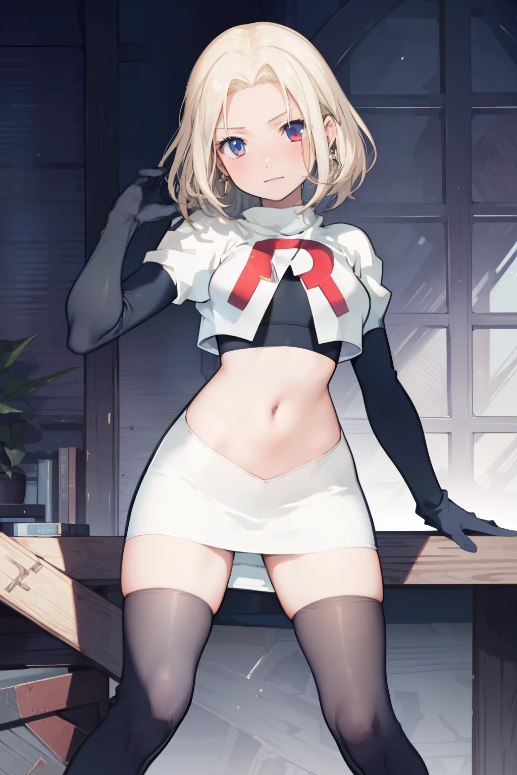 anime,(masterpiece, top quality, best quality, official art, beautiful and aesthetic:1.2), (1girl),extreme detailed,highest detailed, team rocket,team rocket uniform,white skirt,red letter R,crop top,black thigh-highs,black elbow gloves,