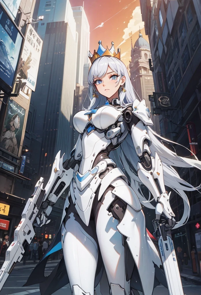 (Detailed illustrations,Very detailed and detailed drawing,Delicate lines with slow and rapid,Realistic texture expression),[Color tressed main line],[Modern city skyscrapers background],(ANIME)(A pure white GIANTROBOT Girl towering over the building area(SKINNY[SLENDER])),[AUTOMATON](A painstaking face like a sculpture[METALFACE[青白く発光するJewel-like eyes]])[(MACHINEKNIGHT)[Titanium internal skeleton](Delicate thin fingers)]],((Elegant exterior with many curved surfaces[smooth body surface])(large crown [[large raised shoulder pad]])(Ruffle Petticoat)),[TITANWEAPON[It is called the princess lily of white porcelain]Mecha Body[Metal skin][Cable running down the body surface[gear wheel]]],[Platinum coating],[科幻小说(Electromechanical)[Steampunk]],([beautiful and artistic decoration][Dense detail [White lily pattern]])[Transparency],(detaileds,high-detail),(Precisely drawn face[(Perfect and beautiful face)[Jewel-like eyes]]),[long and beautiful eyelashes],[Meticulously drawn hair [美しく艷やかな髪のdetaileds]],(完璧な手のdetaileds [Beautiful fingers without breakdowns [Beautiful nails]]),(Perfect Anatomy(Perfectly proportioned)),[Ideal color coordination(Accurate simulation of light-material interactions)],([Precision Detail](detaileds,high-detail)),(Huge feeling[Total length 40 meters])[[Full body like]][Visual art that conveys a sense of narrative].