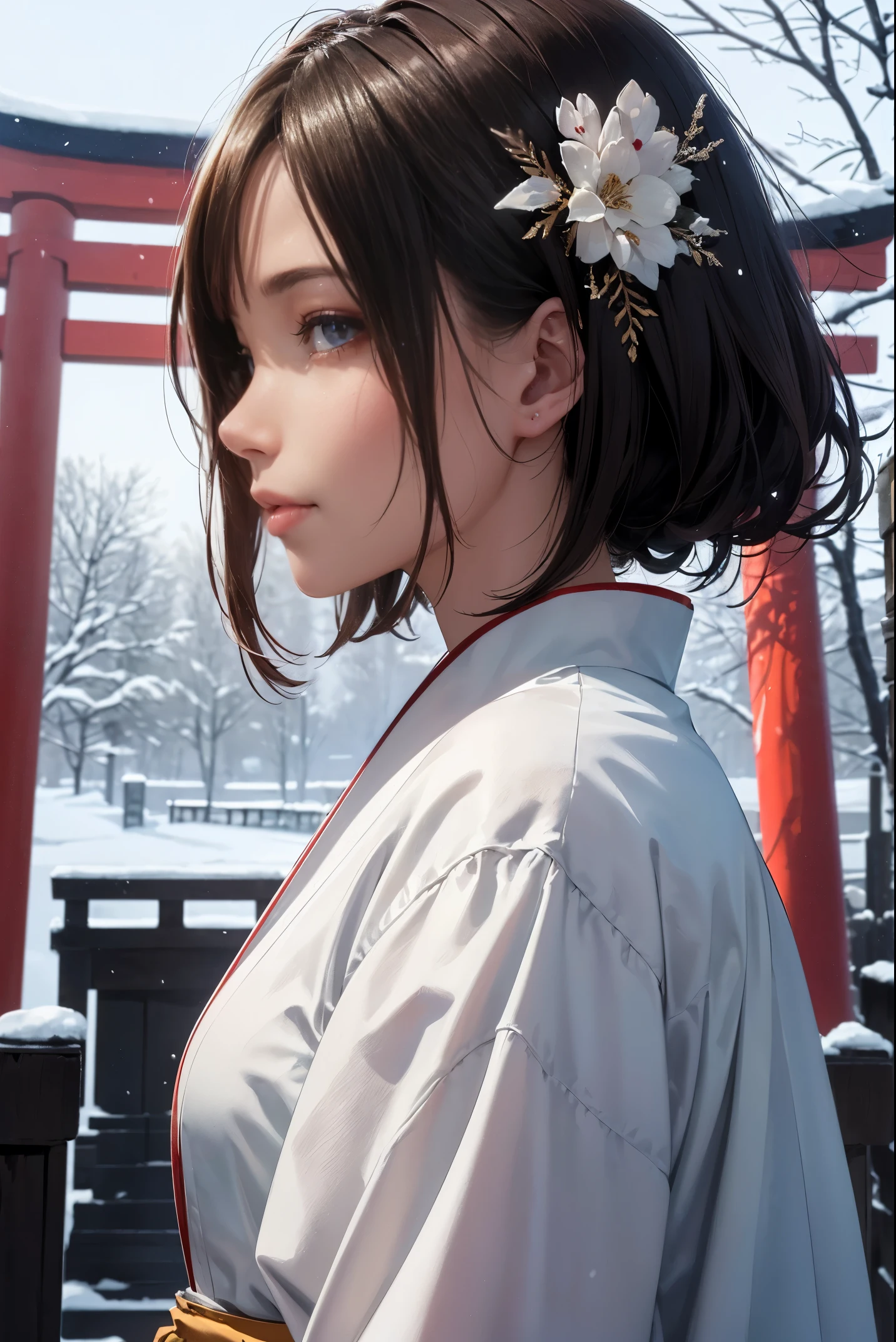 (Official art, absurd, highest quality, Unity 8k wallpaper, 32K, masterpiece, super detail, super high resolution, oil painting style: 1.2), slender, medium bust, (full body: 1.2), (profile, side view: 1.2) , high-definition background, brown hair, fishbone up hairstyle, realistic eyes, gentle eyes, smile, beautiful girl in kimono, (very detailed face and eyes, beautiful face, ultra-detailed skin, detailed Skin texture: 1.3), New Year's visit, torii gate, sunlight, winter scenery, sitting on the porch, (thighs/thighs/thighs: 0.4)