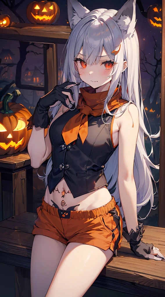 quality、image quality、masterpiece、Teenage girl((18 years old,black and orange vest,Orange and black shorts、orange scarf,best bust、Bust 85、silber hair、Long hairs,red eyes、Open your mind、valleylissful、A slender one、Blood smeared、Focus is on the、Wolf tattoos、Wolf ears、Wolf tail、excited expression、wolf gloves、Nails are growing、Soft belly、Cute wolf,Listless、Claw type、The white fangs in the mouth are dripping)）高quality、beautiful art、Background with((natta、Gloomy sky、halloween at night、the bats、pumpkins,nightmare、halloween、in woods))、On the table、carefully designed、visual art、theater screen、