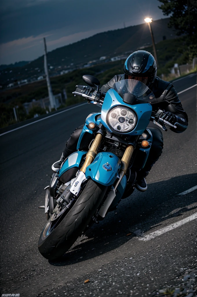 Hombre de piel oscura sobre una moto BMW RR100 de color blanco con azul, realismo, 8K