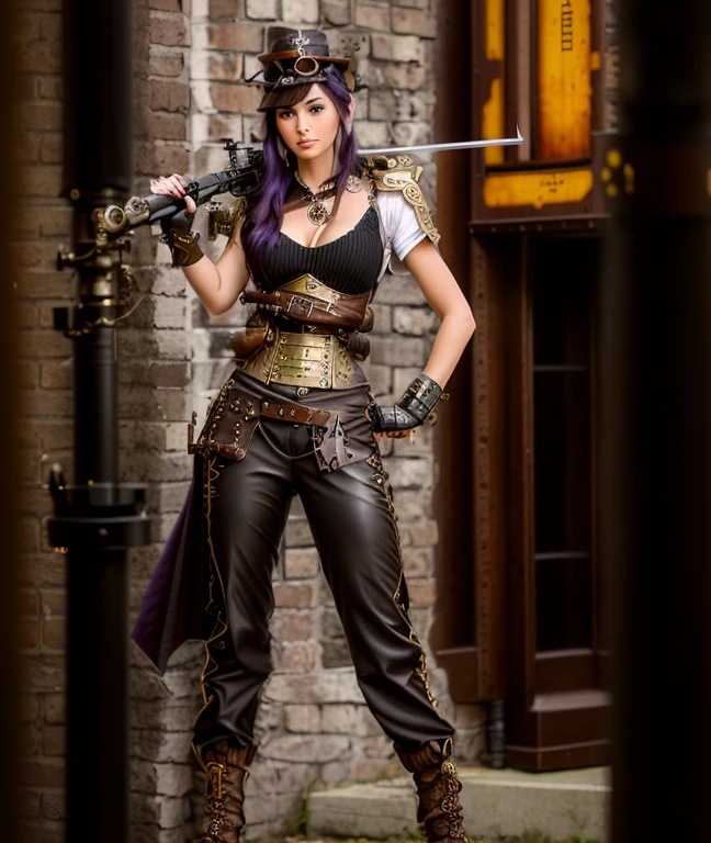 A young woman, with dark black bob hair , with a steampunk bow, in a post apocalyptic steampunk wild west decor.