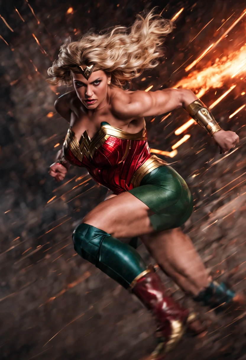 Generate a highly detailed, realistic close-up shot focusing on the face of a 30-year-old, 2 meters tall, athletic woman with blonde hair and green eyes. She is dressed in the Wonder Woman outfit and walking with determination along a night street. The scene should depict her angry expression and determination. Behind her, highlight the explosion of a building in the distance through the lighting. The picture should be a close-up of her face, emphasizing her anger and determination.