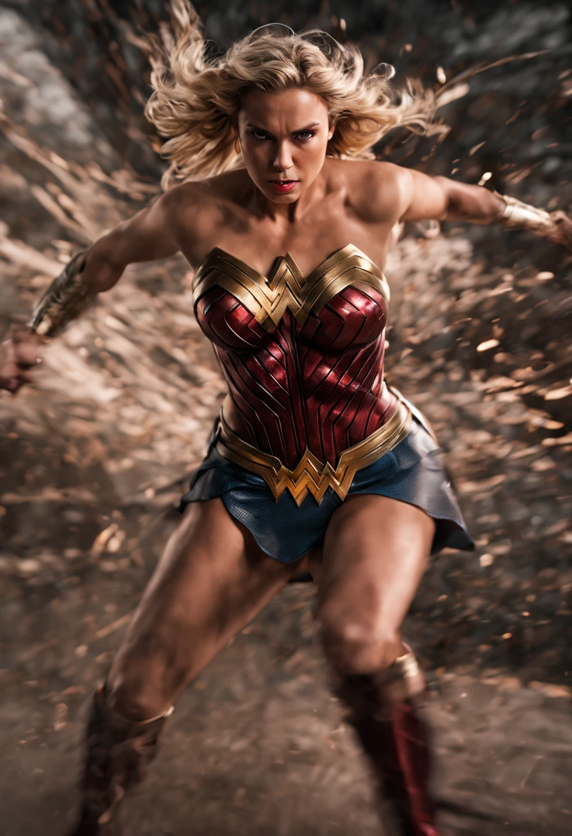 Generate a highly detailed, realistic close-up shot focusing on the face of a 30-year-old, 2 meters tall, athletic woman with blonde hair and green eyes. She is dressed in the Wonder Woman outfit and walking with determination along a night street. The scene should depict her angry expression and determination. Behind her, highlight the explosion of a building in the distance through the lighting. The picture should be a close-up of her face, emphasizing her anger and determination.