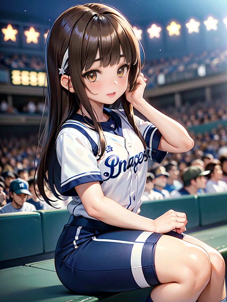 1 beautiful girl, (solo), wink, ((Blunt bangs)), brown hair, brown eyes, long hair, ((silver-star-hairpin on her right bang)), ((baseball uniform)), ((darkblue stripe uniform)), YOKOHAMA DeNA Baystars, Uniform no.67, Left Wing Seats at the baseball stadium, jump up and down with excitement, punch, looking forward,