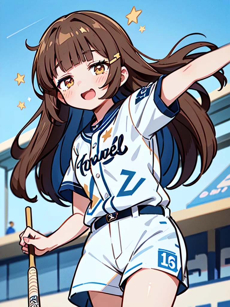 1 beautiful girl, (solo), wink, ((Blunt bangs)), brown hair, brown eyes, long hair, ((silver-star-hairpin on her right bang)), ((baseball uniform)), ((darkblue stripe uniform)), YOKOHAMA DeNA Baystars, Uniform no.67, Left Wing Seats at the baseball stadium, jump up and down with excitement, punch, looking forward,