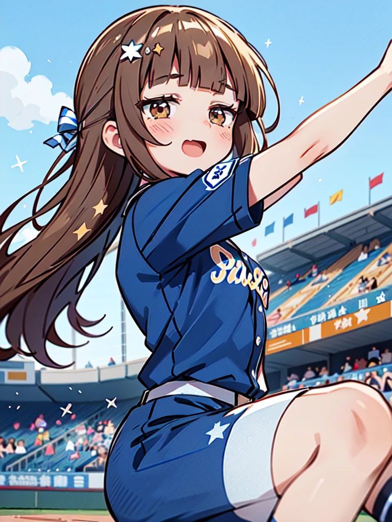 1 beautiful girl, (solo), wink, ((Blunt bangs)), brown hair, brown eyes, long hair, ((silver-star-hairpin on her right bang)), ((baseball uniform)), ((darkblue stripe uniform)), YOKOHAMA DeNA Baystars, Uniform no.67, Left Wing Seats at the baseball stadium, jump up and down with excitement, punch, looking forward,