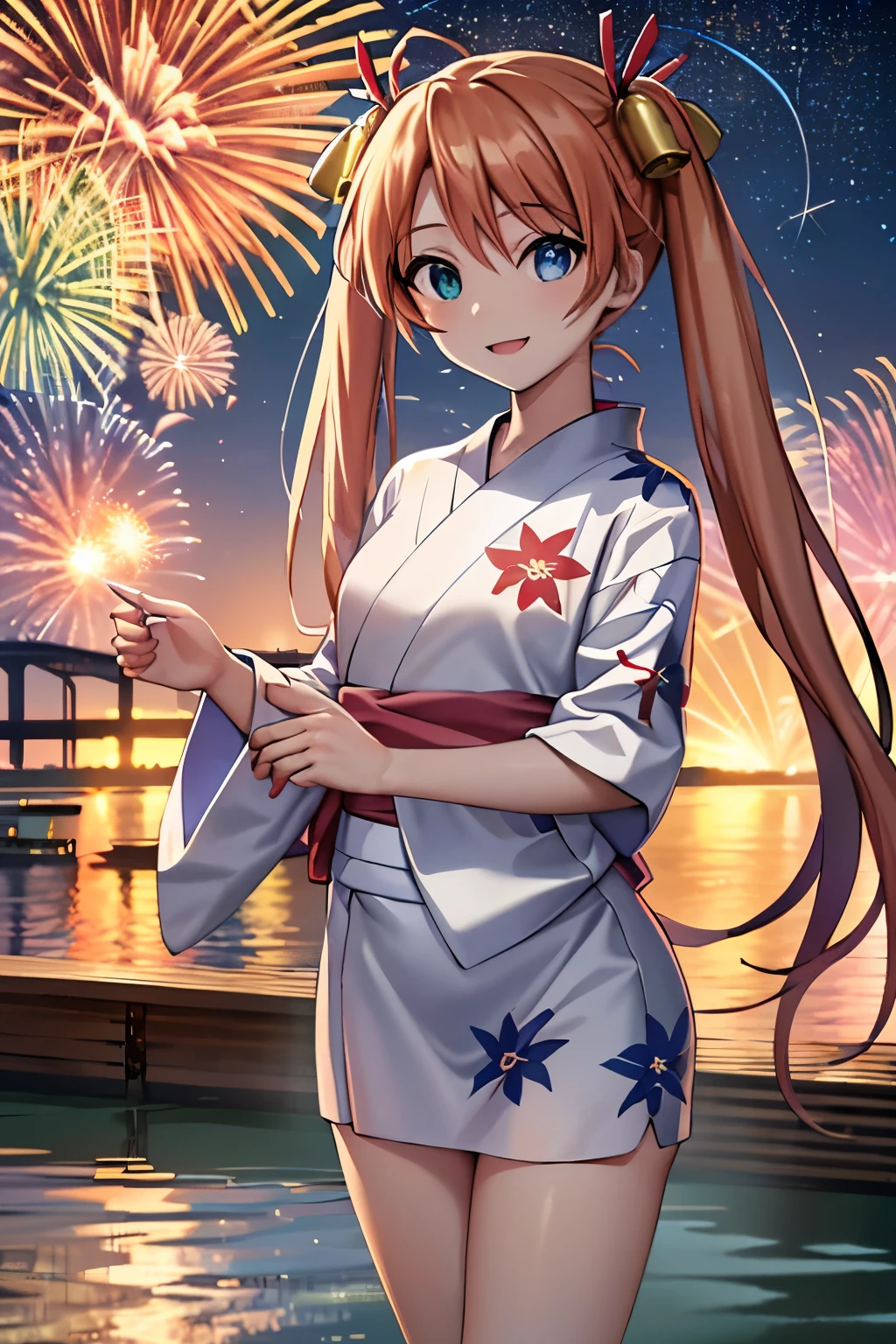 aaasuna,heterochromia,long hair,ahoge,twintails,hair bell, 1girl, solo, full body, 8K, Night, Shooting Star, Clouds, Floral Yukata, Yukata, 25 years old, Bright Colorireworks: 1.4), (New Year: 1.1), (Festival: 1.1), (Sharp Focus: 1.2), (Cowboy Shot: 1.2), (light smile: 1.1), Bridge, Overlooking the Lake, (Water Reflection: 1.2), Glitter, Floating Particle, Colorful Particle, Lots of Fireworks, cracker in hands, walk on lake