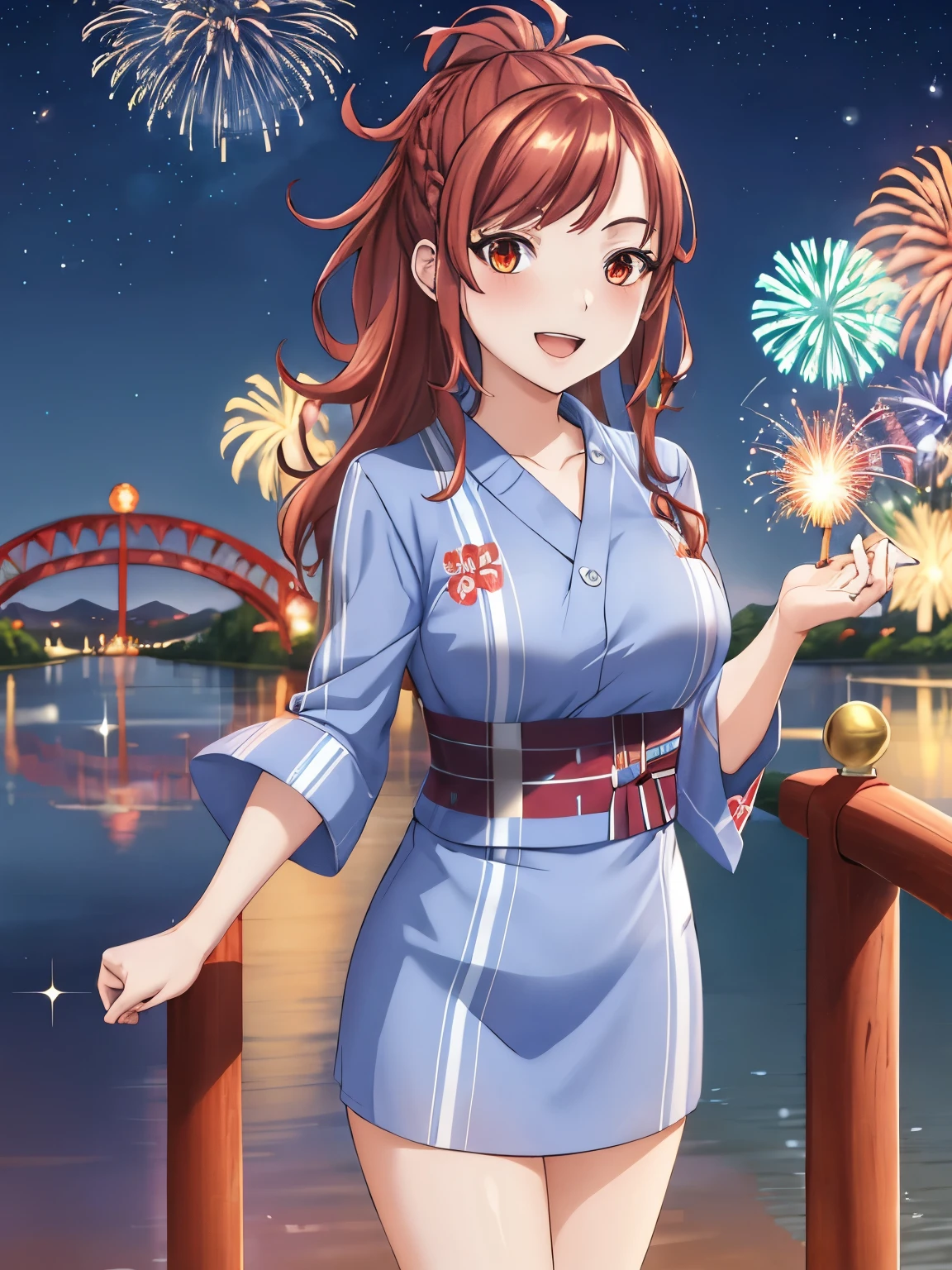 1girl, solo, Kazama Kaede, open mouth, large breasts, full body, red eyes, red hair, long hair, ponytail, braid, full body, 8K, Night, Shooting Star, Clouds, Floral Yukata, Yukata, 25 years old, Bright Colorireworks: 1.4), (New Year: 1.1), (Festival: 1.1), (Sharp Focus: 1.2), (Cowboy Shot: 1.2), (light smile: 1.1), Bridge, Overlooking the Lake, (Water Reflection: 1.2), Glitter, Floating Particle, Colorful Particle, Lots of Fireworks, cracker in hands