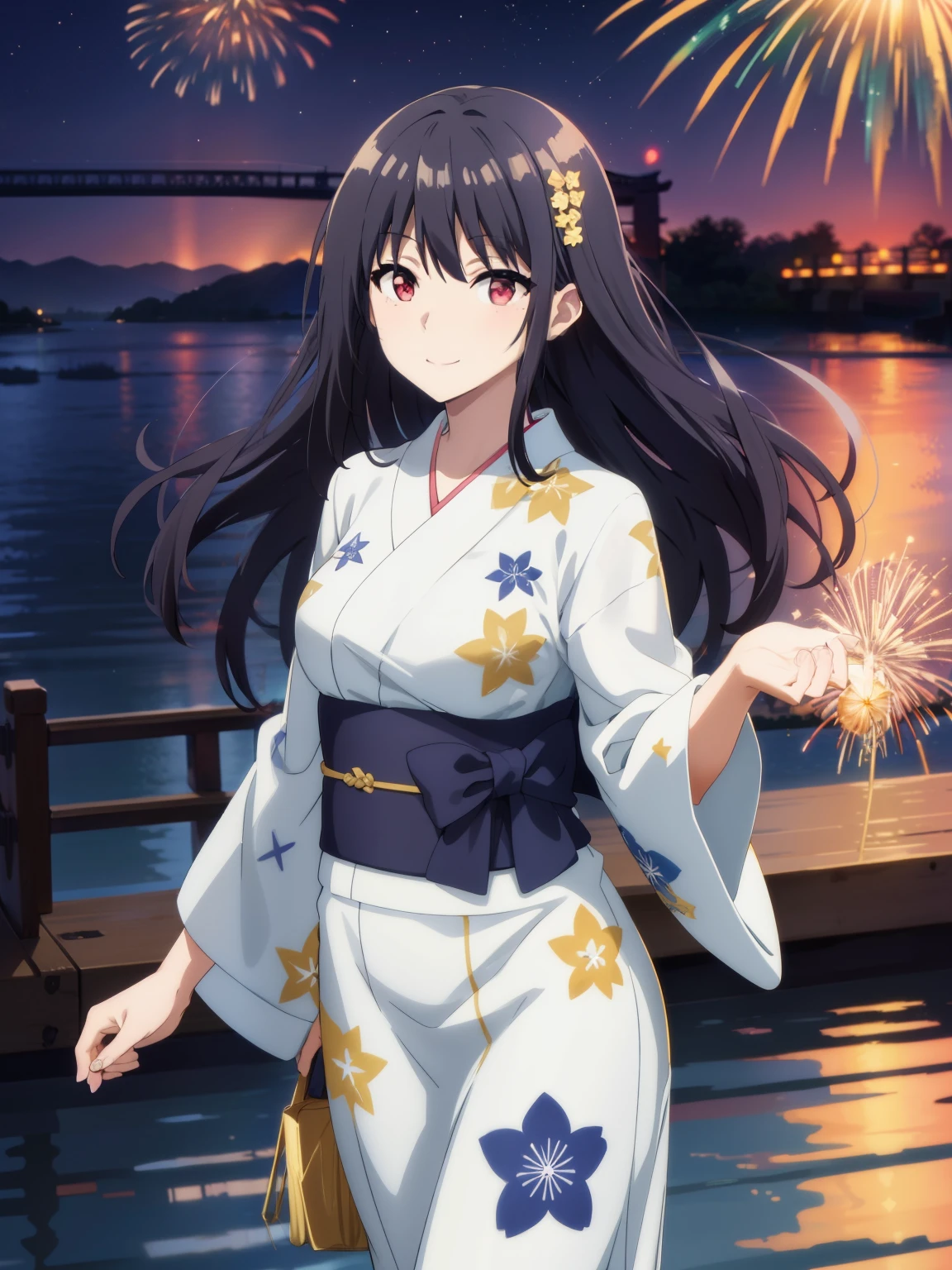claire, dynamic_angle 1girl, solo, full body, 8K, Night, Shooting Star, Clouds, Floral Yukata, Yukata, 25 years old, Bright Colorireworks: 1.4), (New Year: 1.1), (Festival: 1.1), (Sharp Focus: 1.2), (Cowboy Shot: 1.2), (light smile: 1.1), Bridge, Overlooking the Lake, (Water Reflection: 1.2), Glitter, Floating Particle, Colorful Particle, Lots of Fireworks, cracker in hands