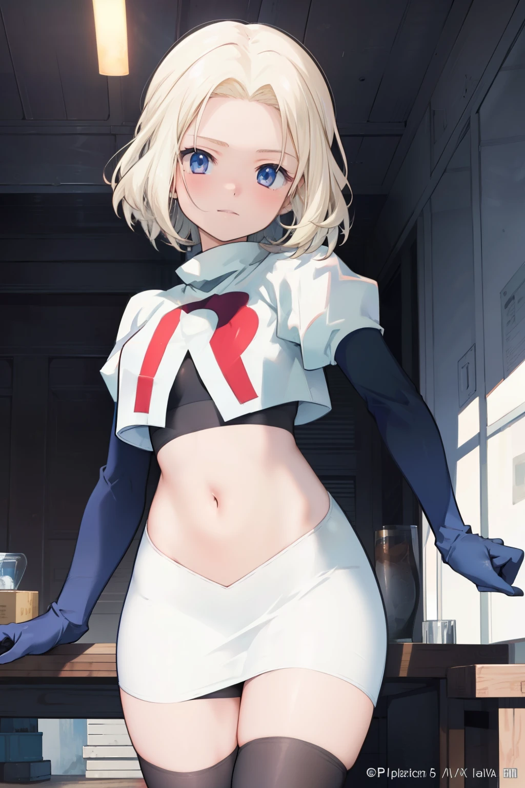 anime,(masterpiece, top quality, best quality, official art, beautiful and aesthetic:1.2), (1girl),extreme detailed,highest detailed, team rocket,team rocket uniform,white skirt,red letter R,crop top,black thigh-highs,black elbow gloves,
