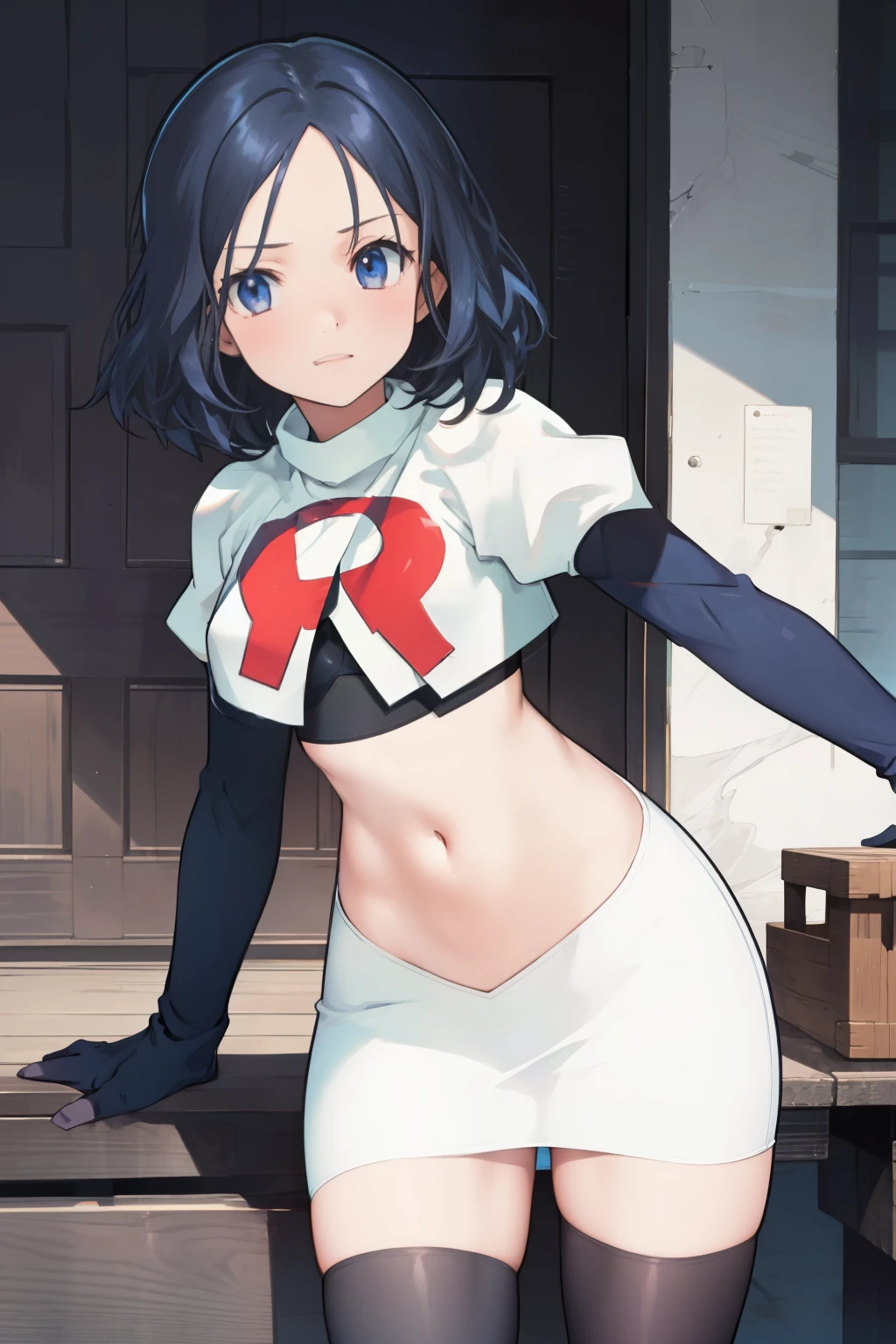 anime,(masterpiece, top quality, best quality, official art, beautiful and aesthetic:1.2), (1girl),extreme detailed,highest detailed, team rocket,team rocket uniform,white skirt,red letter R,crop top,black thigh-highs,black elbow gloves,