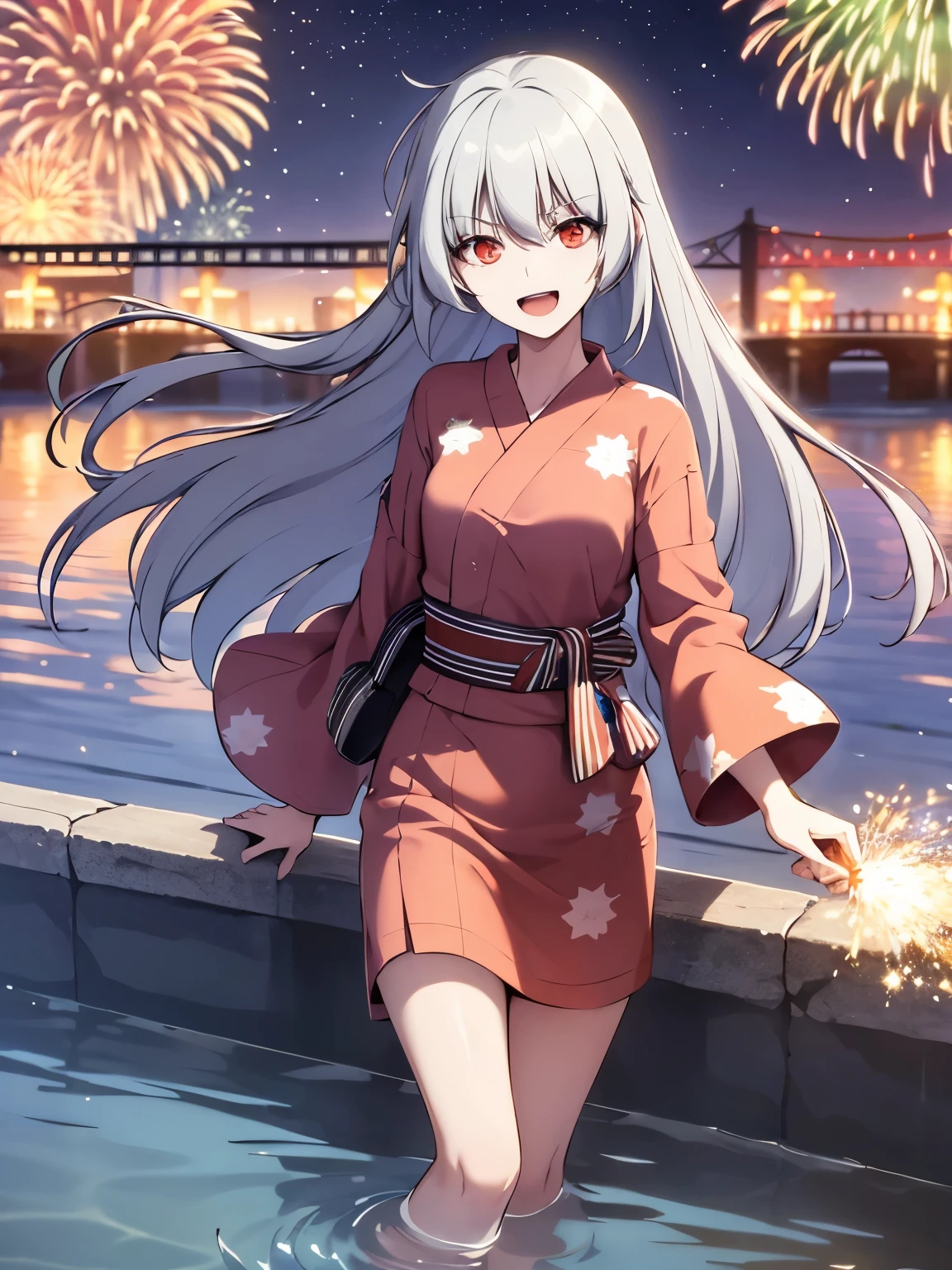 alice,open mouth, grey hair, long hair, red eyes, 1girl, solo, full body, 8K, Night, Shooting Star, Clouds, Floral Yukata, Yukata, 25 years old, Bright Colorireworks: 1.4), (New Year: 1.1), (Festival: 1.1), (Sharp Focus: 1.2), (Cowboy Shot: 1.2), (light smile: 1.1), Bridge, Overlooking the Lake, (Water Reflection: 1.2), Glitter, Floating Particle, Colorful Particle, Lots of Fireworks, cracker in hands