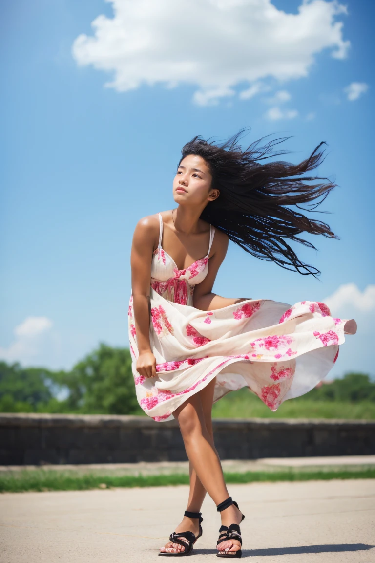 Beautiful girl wearing a summer dress、17 age、black athlete very short hair、japanes、(heavy wind)、Wistful expression、Spinning、sandal、