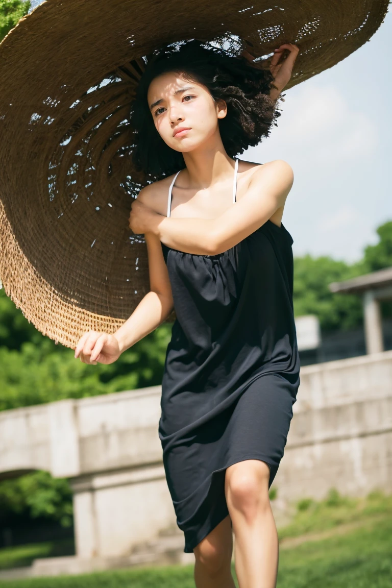 Beautiful girl wearing a summer dress、、black athlete very short hair、japanes、(heavy wind)、Wistful expression、Spinning、sandal、