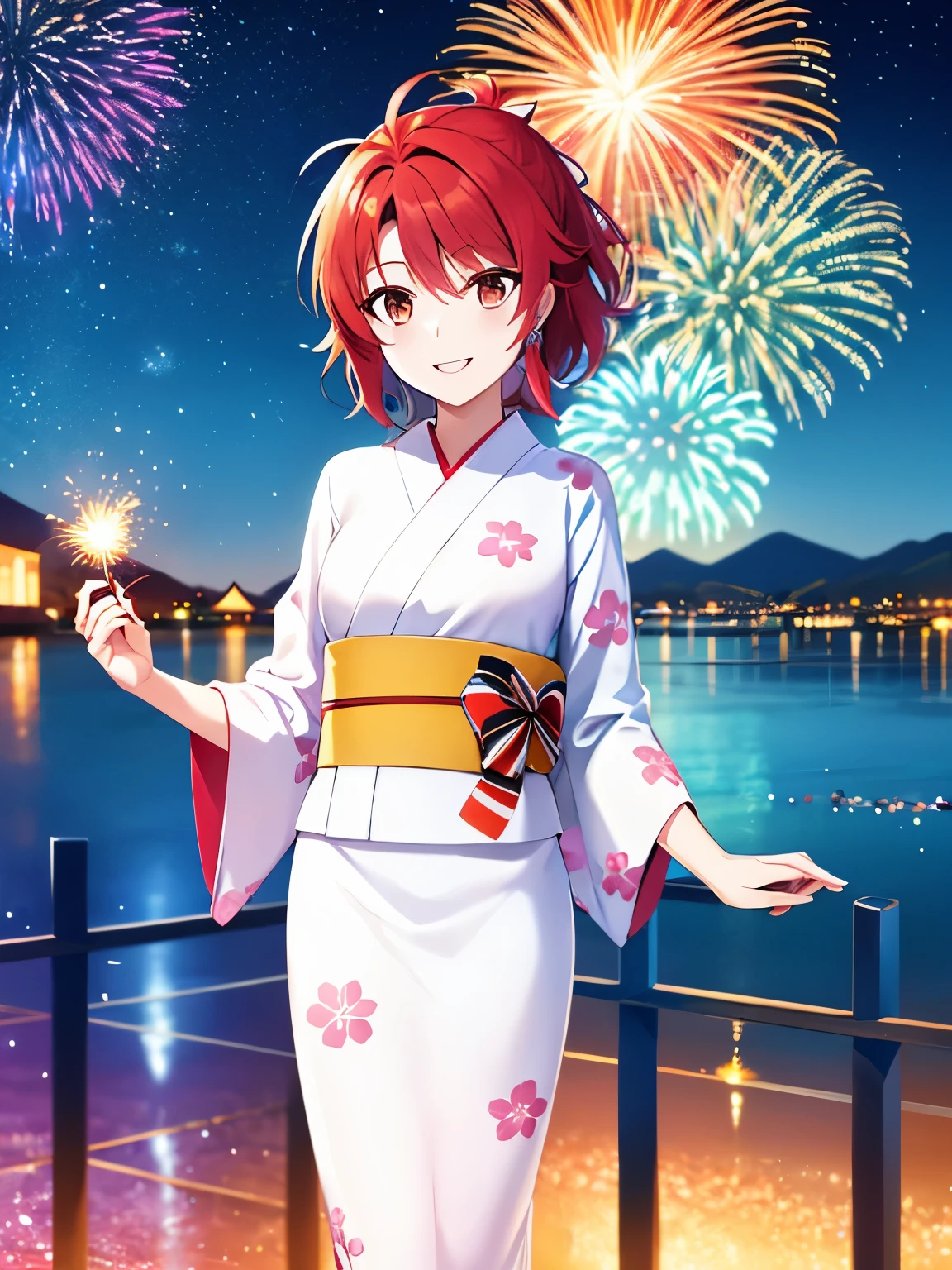 Chiba Erika, short hair, red eyes, brown eyes, red hair, 1girl, solo, full body, 8K, Night, Shooting Star, Clouds, Floral Yukata, Yukata, 25 years old, Bright Colorireworks: 1.4), (New Year: 1.1), (Festival: 1.1), (Sharp Focus: 1.2), (Cowboy Shot: 1.2), (light smile: 1.1), Bridge, Overlooking the Lake, (Water Reflection: 1.2), Glitter, Floating Particle, Colorful Particle, Lots of Fireworks, cracker in hands